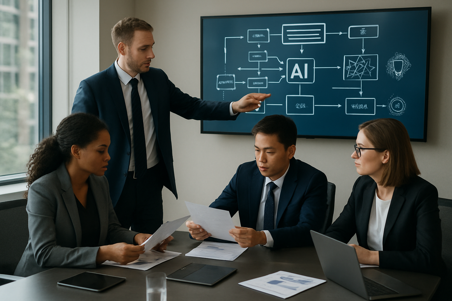 Create a realistic image of a diverse group of government officials and IT professionals working together in a modern conference room, with a white male project manager pointing at a large digital display showing AI implementation flowcharts and barrier solutions, while a black female tech specialist and an Asian male government administrator review documents at a sleek table, surrounded by laptops, tablets, and strategic planning materials, with natural lighting from large windows creating a collaborative and solution-focused atmosphere, absolutely NO text should be in the scene.