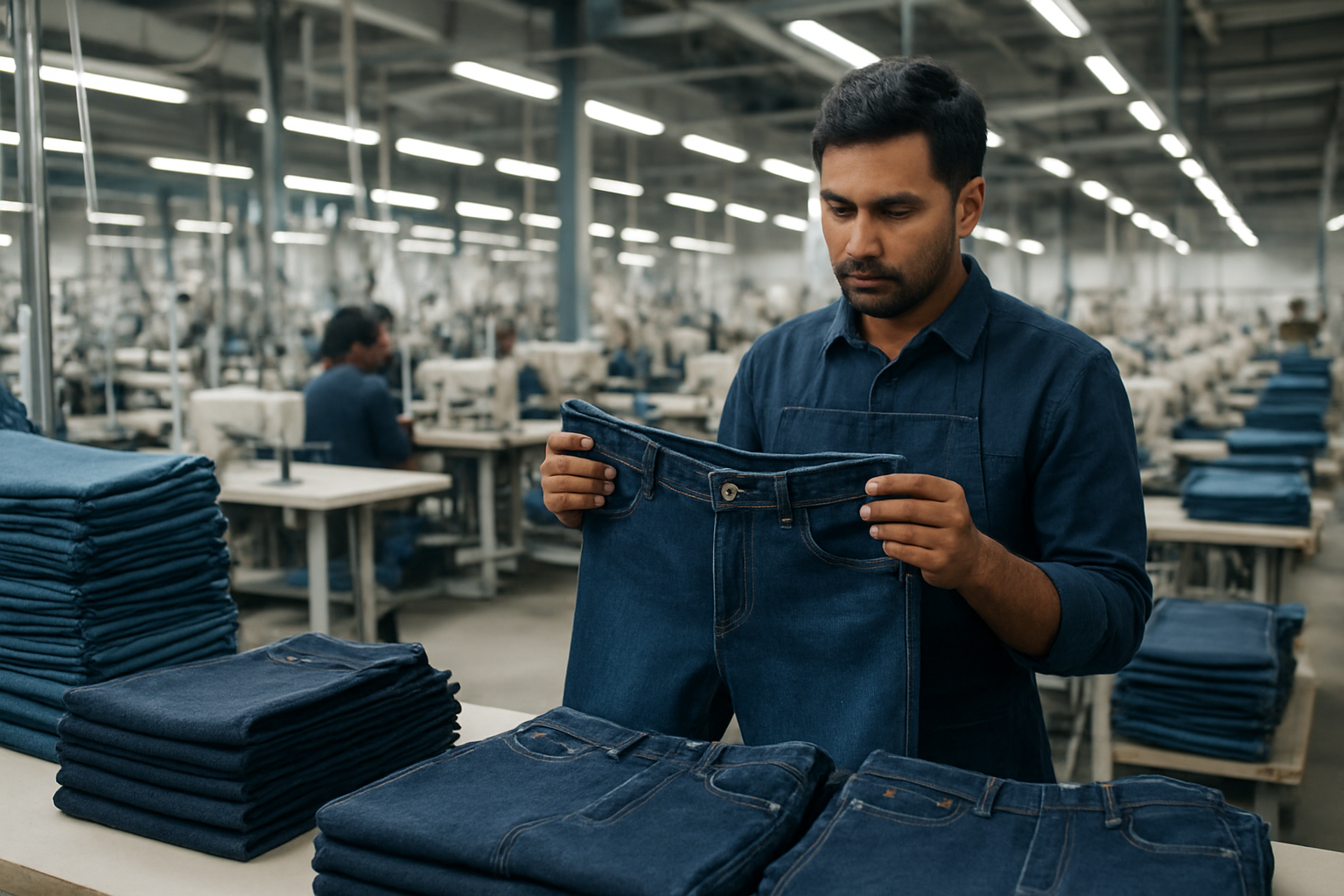 Create a realistic image of a modern textile manufacturing facility showcasing denim production advantages with rows of industrial sewing machines producing blue jeans, stacks of high-quality denim fabric in various shades of blue, a South Asian male quality control inspector examining finished denim products, manufacturing equipment operating efficiently in the background, bright industrial lighting illuminating the clean and organized workspace, conveying professionalism and expertise in denim manufacturing, absolutely NO text should be in the scene.