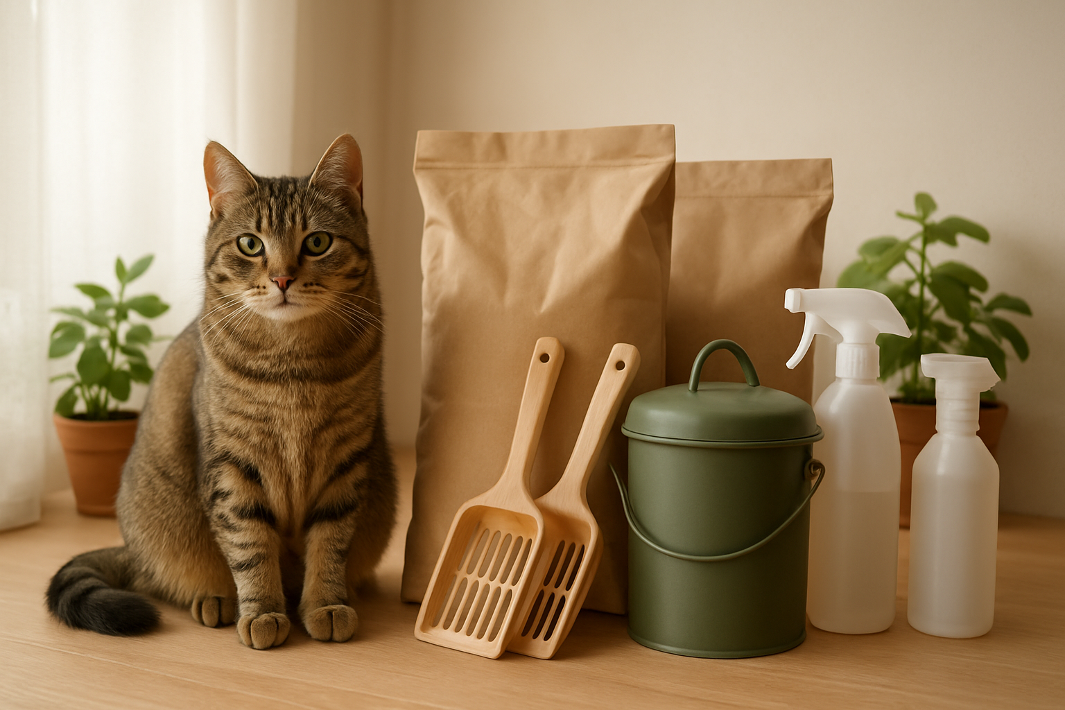 Create a realistic image of a beautiful tabby cat sitting next to biodegradable cat litter bags made from recycled materials, eco-friendly wooden litter scoops, a compost bin designed for pet waste, and reusable cleaning supplies arranged on a clean wooden surface, with soft natural lighting from a nearby window creating a warm and environmentally conscious atmosphere, surrounded by small potted plants in the background to emphasize the eco-friendly theme, absolutely NO text should be in the scene.