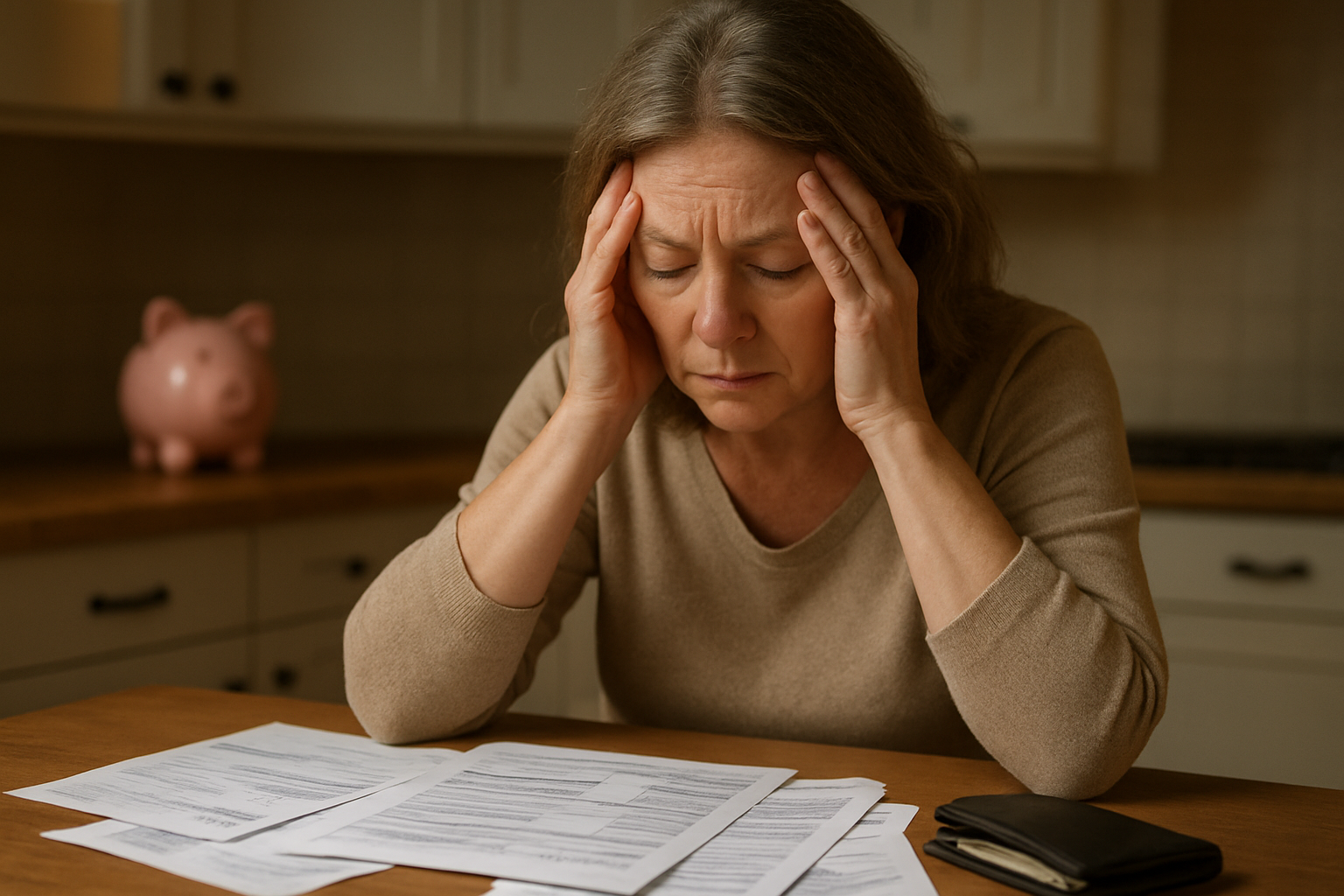 Create a realistic image of a middle-aged white female sitting at a kitchen table looking stressed while reviewing financial documents and bills spread across the surface, with her hands on her forehead in a worried gesture, while in the background a piggy bank sits nearly empty on a shelf and a wallet lies open showing minimal cash, warm indoor lighting creating a concerned atmosphere, absolutely NO text should be in the scene.
