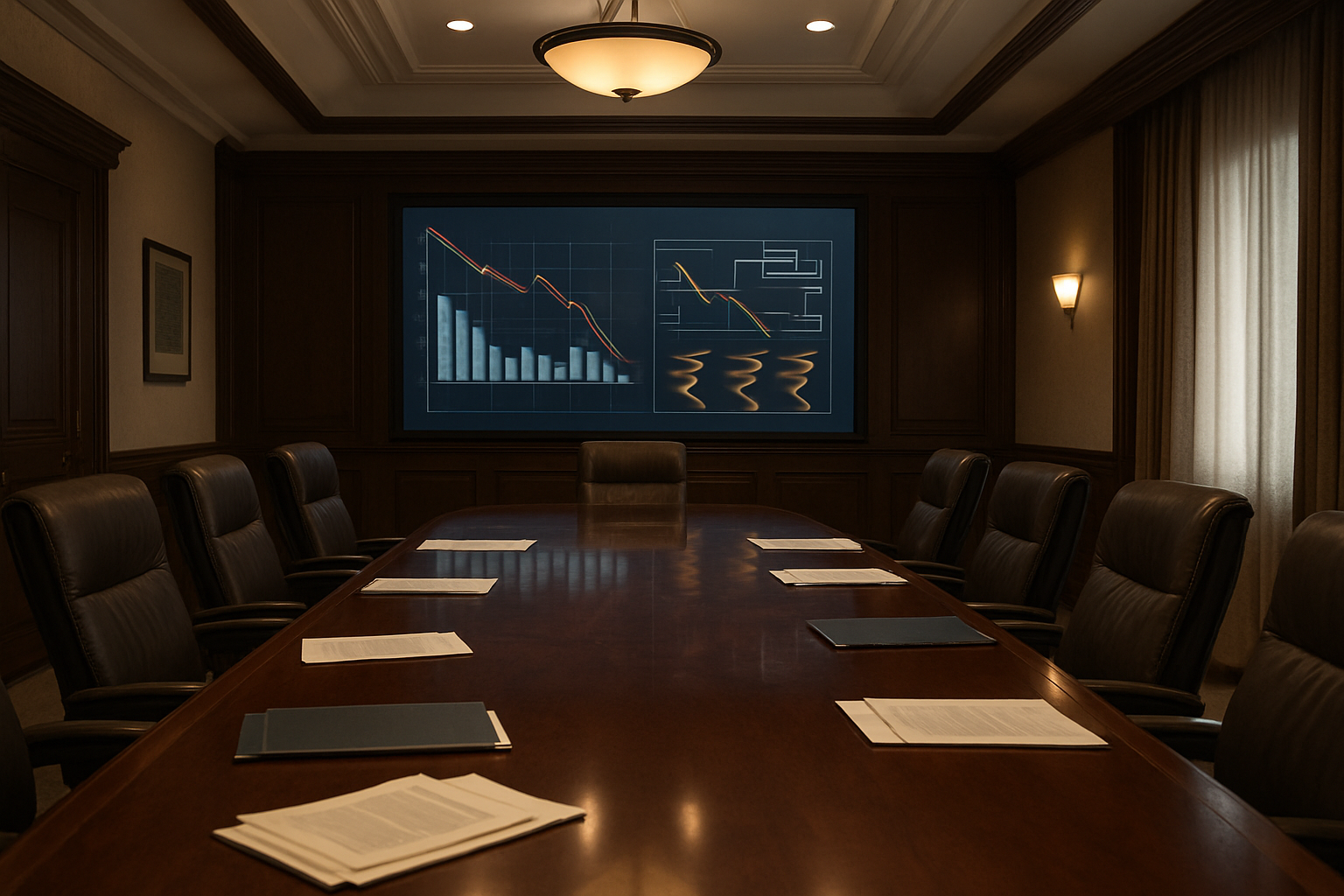 Create a realistic image of a modern Indian central bank boardroom with a large polished wooden conference table surrounded by leather chairs, featuring a large wall-mounted screen displaying economic charts and currency graphs with downward trending lines, Indian Rupee symbols, and policy flowcharts, with official documents and folders scattered on the table, a formal government building interior with warm lighting from ceiling fixtures, creating a serious and contemplative atmosphere that conveys high-level financial decision-making, absolutely NO text should be in the scene.