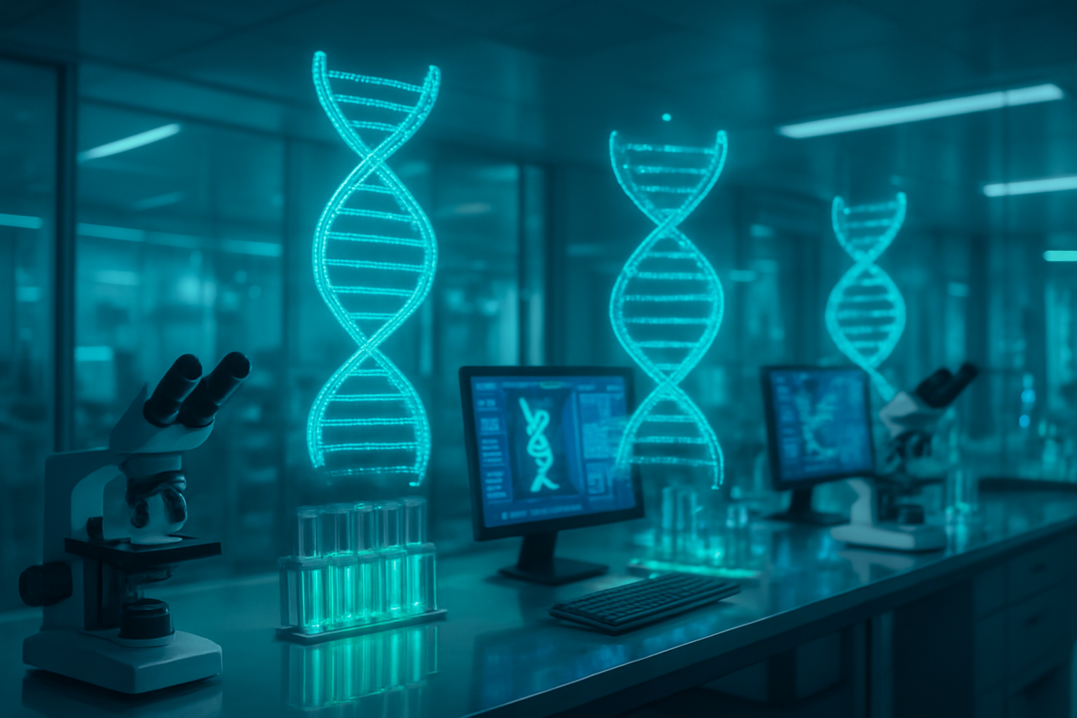 Create a realistic image of a modern biotech laboratory with sleek glass surfaces and advanced scientific equipment, featuring DNA double helix molecular structures floating holographically above research stations, with glowing blue and green ambient lighting reflecting innovation and breakthrough discoveries, including microscopes, computer screens displaying genetic data, test tubes with luminescent samples, and a sophisticated clean room environment that conveys cutting-edge pharmaceutical research and scientific achievement, with soft professional lighting creating an atmosphere of hope and medical advancement, absolutely NO text should be in the scene.