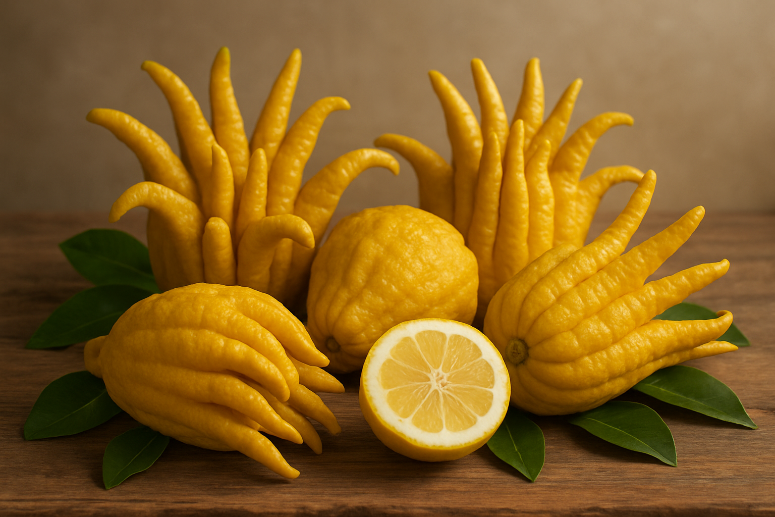 Create a realistic image of several Buddha's Hand fruits displayed prominently on a rustic wooden surface, showcasing their distinctive finger-like yellow citrus segments that resemble elongated hands with multiple curved fingers, with some fruits whole and one cut open to reveal the white pith interior and lack of pulp, surrounded by fresh green citrus leaves, soft natural lighting highlighting the textured bumpy skin and vibrant golden-yellow color of the fruits, clean minimalist background with warm tones, absolutely NO text should be in the scene.