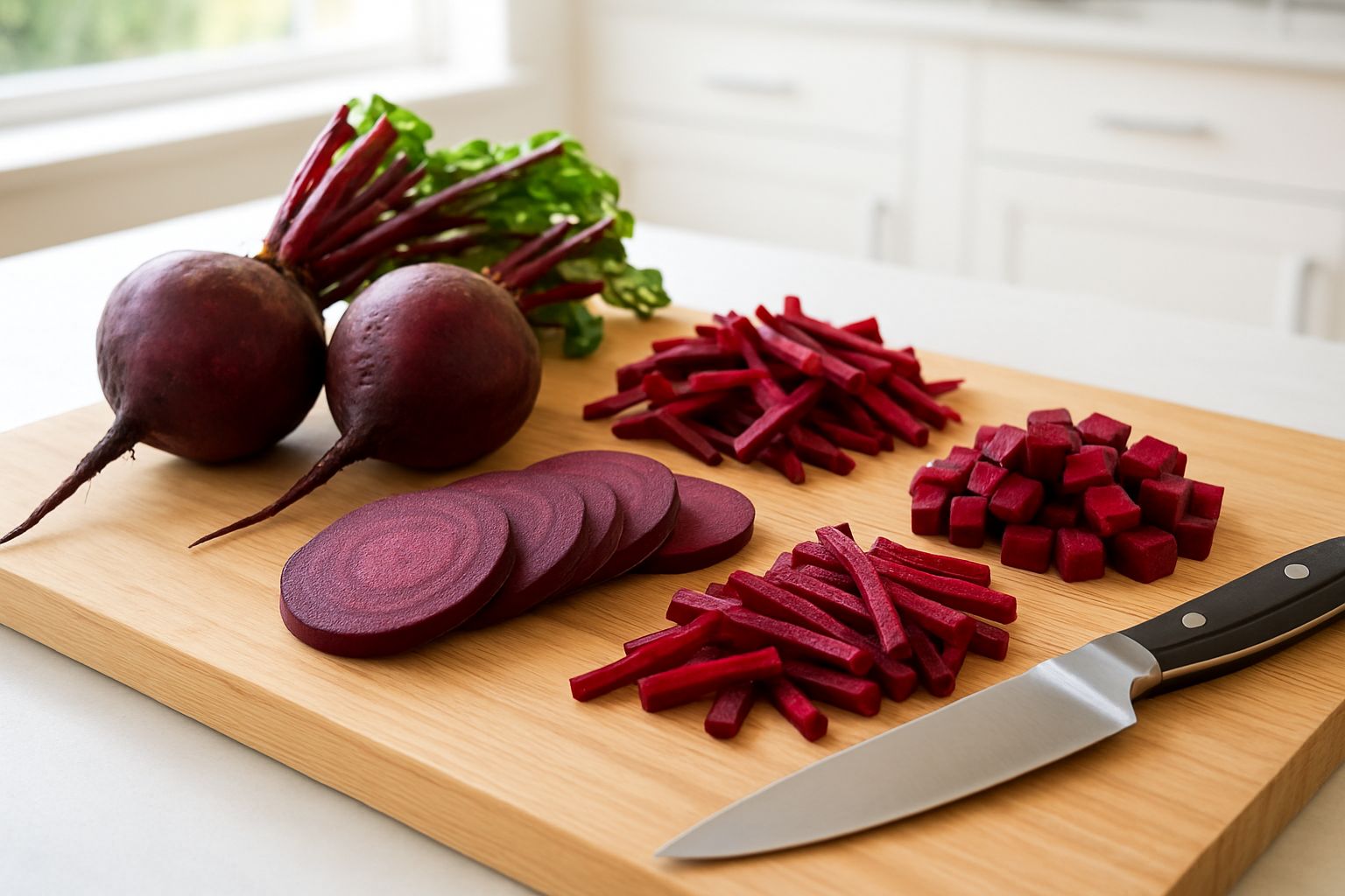 Create a realistic image of fresh whole beetroots with vibrant deep red-purple skin alongside prepared beetroot pieces showing different cutting techniques including sliced rounds, julienned strips, and diced cubes arranged on a clean wooden cutting board, with a sharp kitchen knife placed nearby, set against a bright modern kitchen counter with natural daylight streaming in, creating a clean and instructional cooking preparation scene. Absolutely NO text should be in the scene.