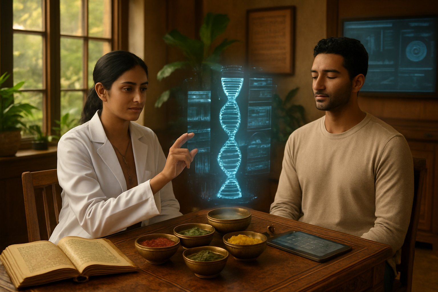 Create a realistic image of a serene wellness center consultation room where ancient Ayurvedic wisdom meets modern technology, featuring a South Asian female practitioner in white coat examining holographic DNA strands and digital health data floating above an ornate wooden table adorned with traditional brass bowls containing colorful herbs and spices, while a diverse male patient of mixed ethnicity sits peacefully nearby, with warm golden lighting filtering through large windows, creating a harmonious blend of traditional wooden furnishings and sleek modern medical equipment including tablets and digital displays, surrounded by lush green plants and ancient Sanskrit manuscripts alongside contemporary medical charts, establishing a tranquil atmosphere that represents the perfect integration of ancestral healing practices with cutting-edge healthcare technology, absolutely NO text should be in the scene.