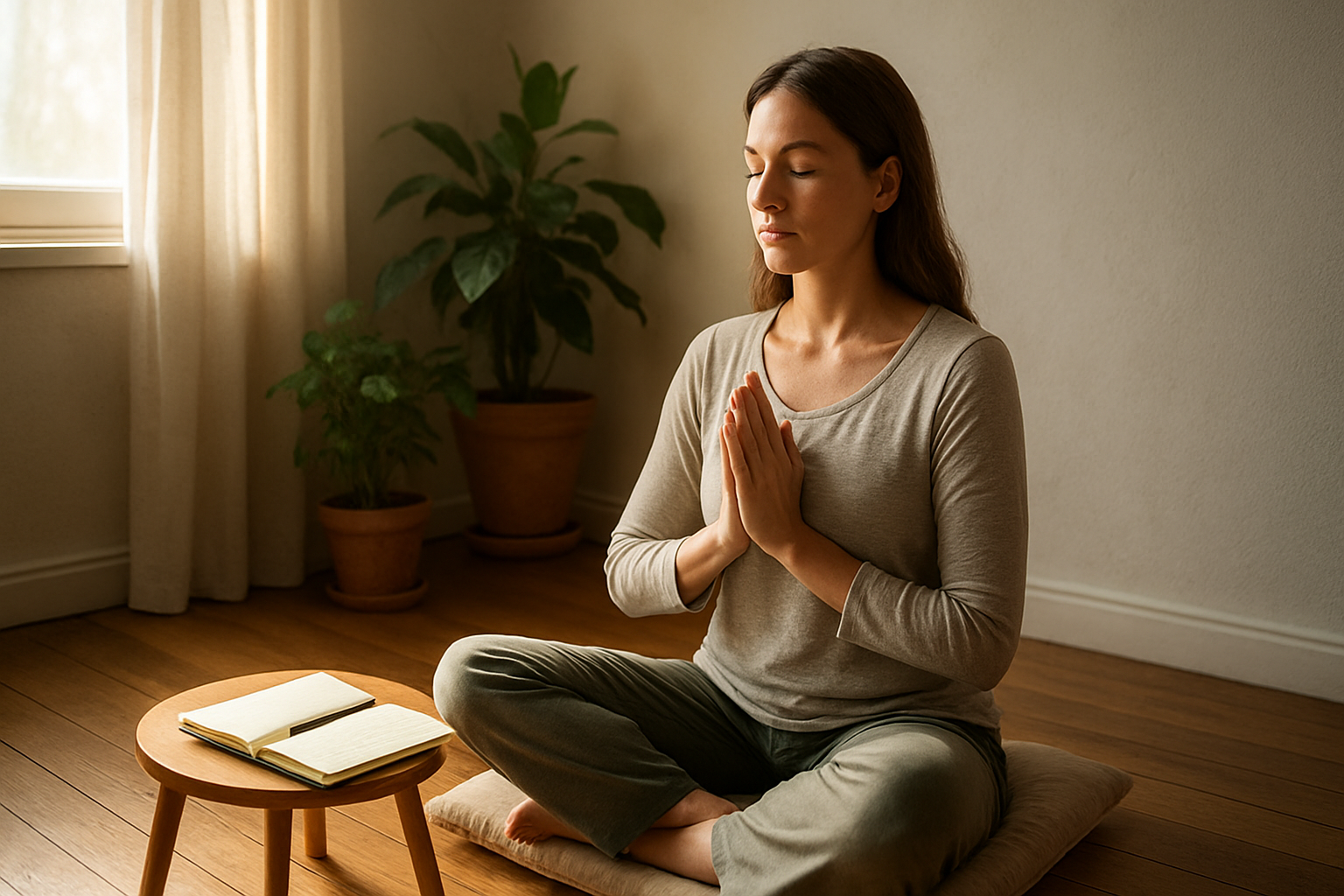 Create a realistic image of a peaceful indoor scene showing a white female in her 30s sitting cross-legged on a cushion in a quiet corner of a room, hands gently clasped in prayer position, eyes closed in meditation, with soft morning sunlight streaming through a nearby window, a small wooden side table holding an open journal and pen, warm wooden floors, potted plants in the background, creating a serene and contemplative atmosphere that conveys spiritual connection and daily devotion, absolutely NO text should be in the scene.