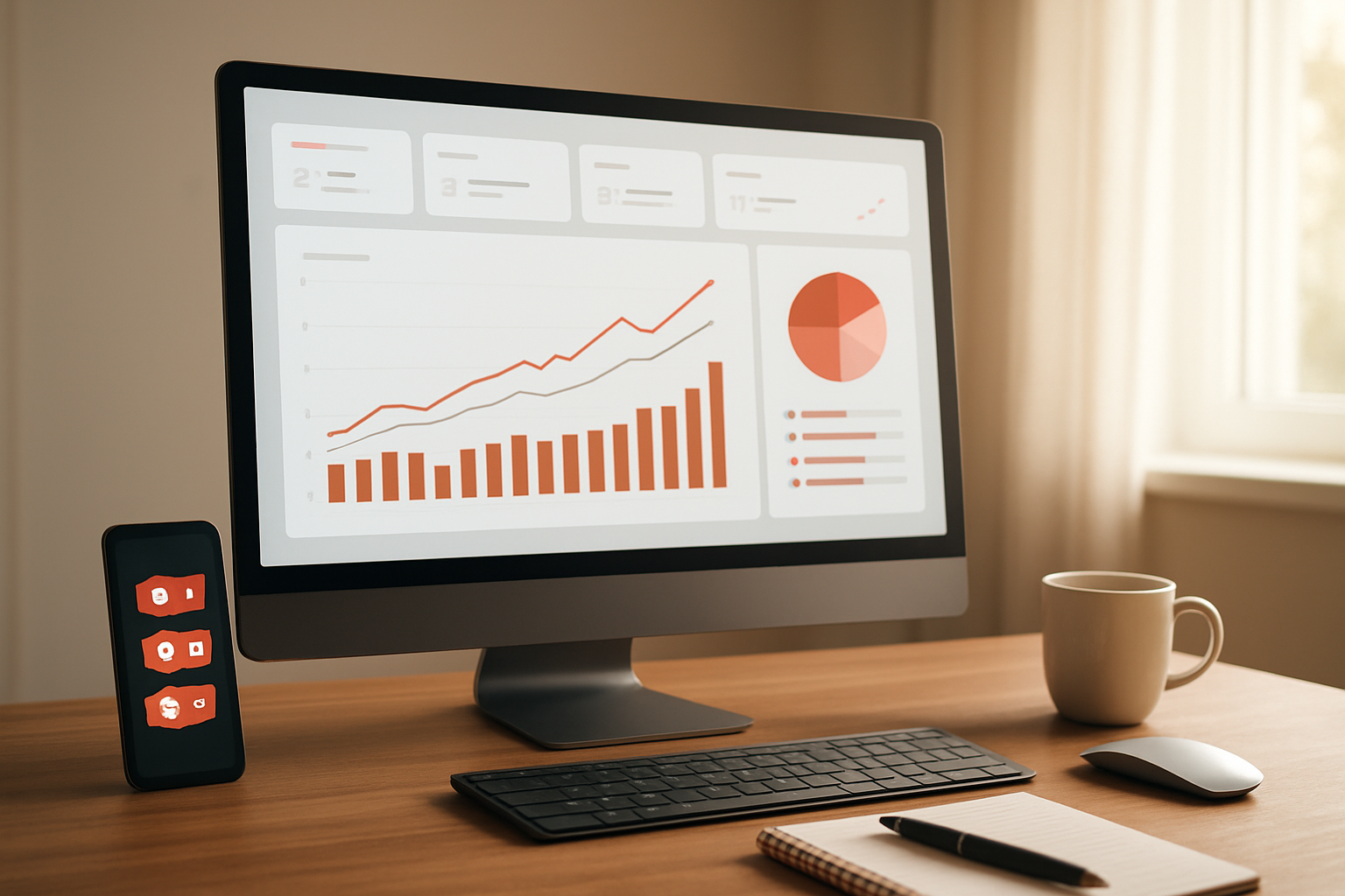 Create a realistic image of a sleek computer monitor displaying YouTube analytics dashboard with upward trending graphs and engagement metrics, surrounded by modern desk setup with smartphone showing notification icons, coffee cup, and notebook with pen, all set in a well-lit home office environment with soft natural lighting from a window, conveying a productive and successful content creation atmosphere, with warm tones and clean aesthetic, absolutely NO text should be in the scene.