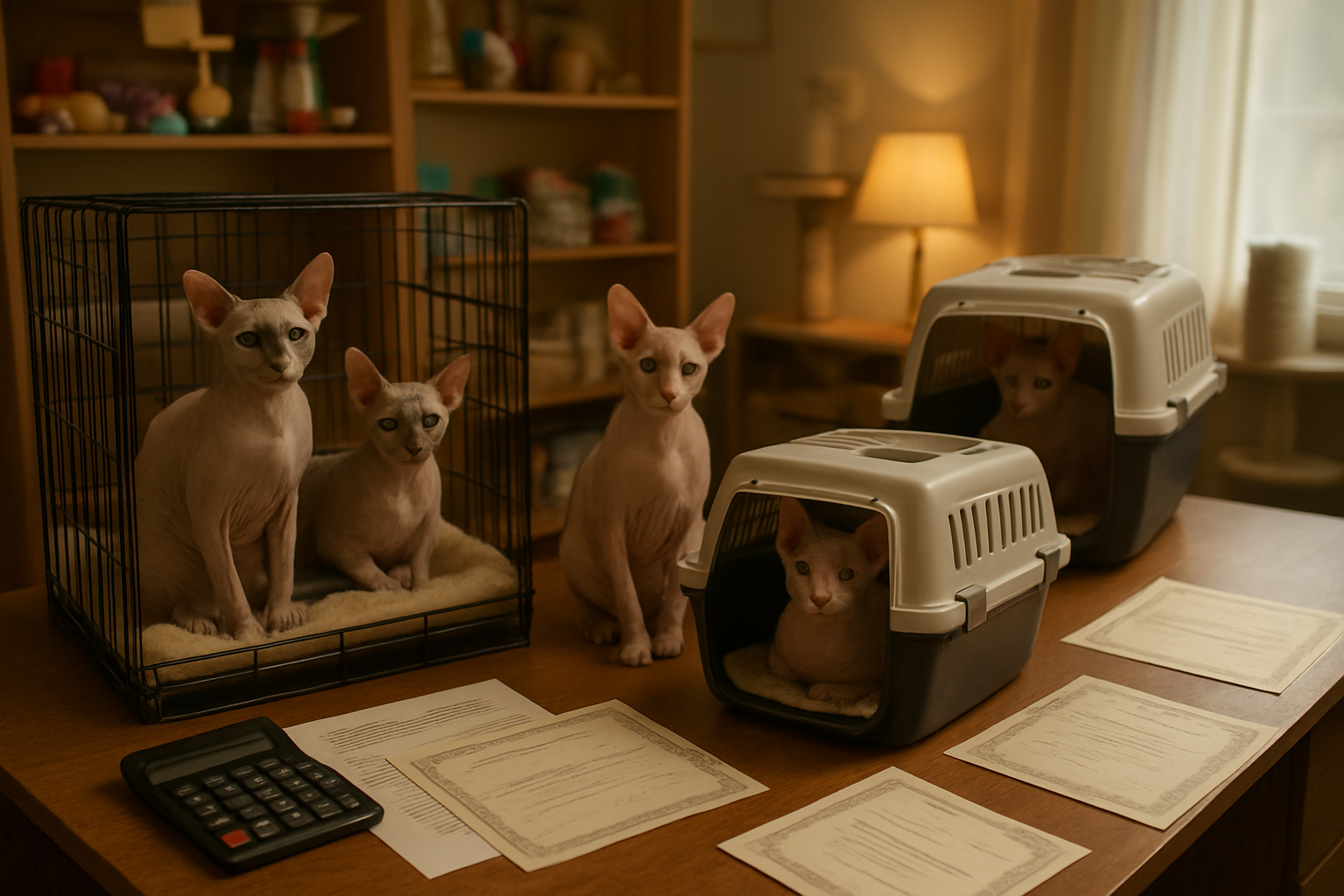 Create a realistic image of a cozy pet store or breeder's office setting with multiple hairless cat breeds including Sphynx cats visible in clean, comfortable enclosures or carriers, price tags and adoption certificates scattered on a wooden desk, a calculator and financial documents nearby, soft warm lighting creating an inviting atmosphere, professional yet welcoming environment with cat toys and care supplies in the background, absolutely NO text should be in the scene.