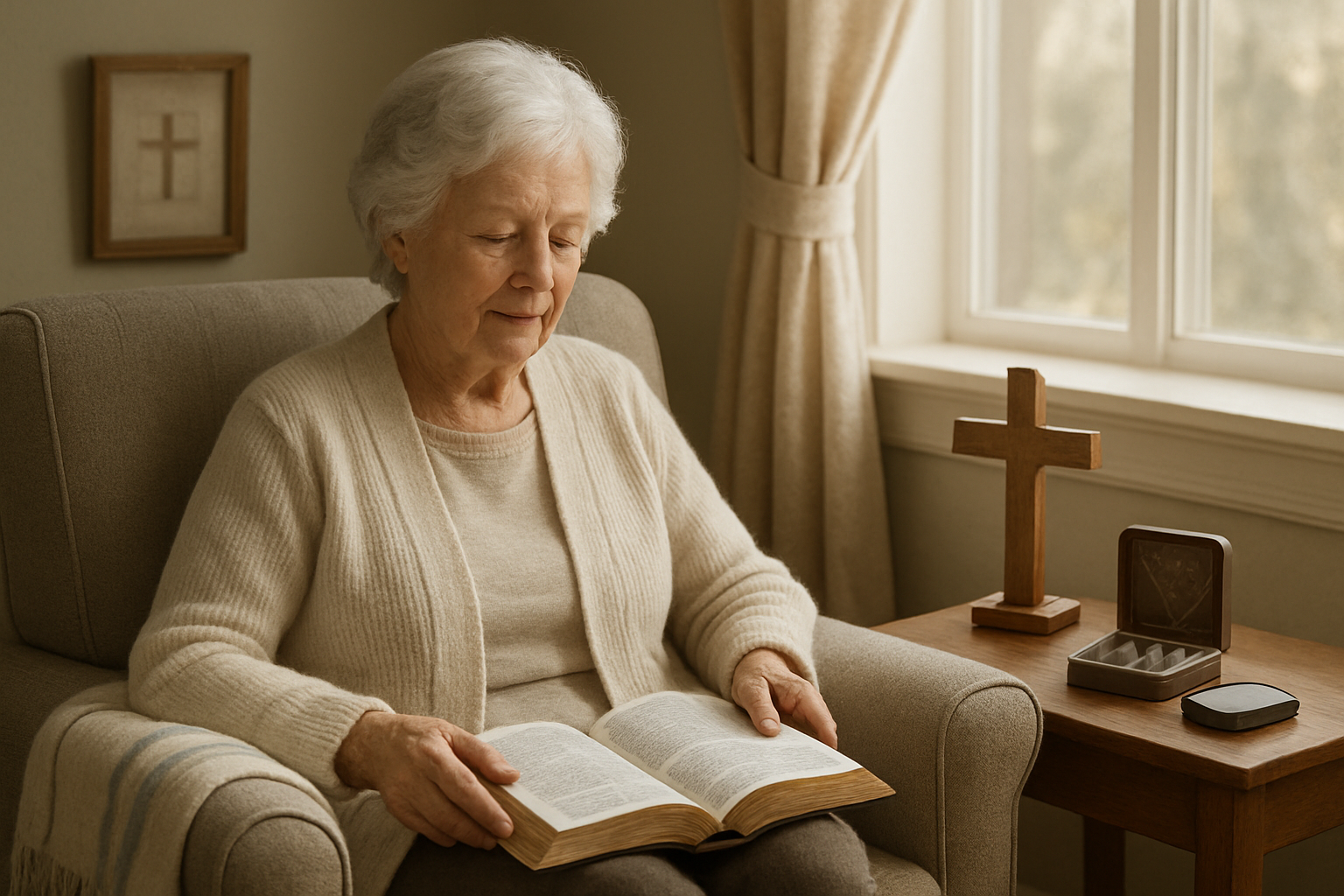 Create a realistic image of an elderly white woman sitting peacefully in a comfortable armchair near a sunlit window, surrounded by various Christian gifts including an open devotional book in her lap, a wooden cross on a side table, a soft prayer shawl draped over the chair arm, religious jewelry displayed in an open gift box, a small audio device with headphones, and subtle Christian home decor elements like a small framed scripture art piece on a nearby shelf, all arranged in a warm, cozy living room setting with soft natural lighting creating a serene and faithful atmosphere, absolutely NO text should be in the scene.