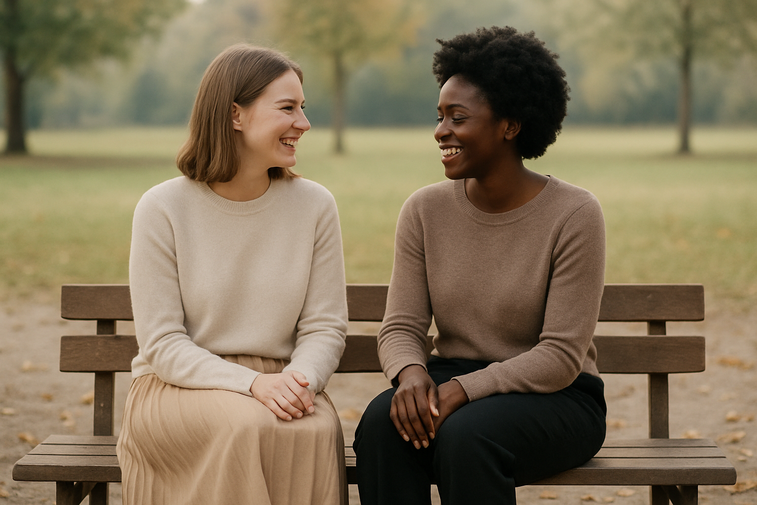 Create a realistic image of two women of different ethnicities (one white, one black) sitting together on a simple wooden bench in a minimalist park setting, engaged in warm conversation with genuine smiles, surrounded by clean open space with soft natural lighting, a few scattered autumn leaves on the ground, and a blurred background of trees, emphasizing human connection over material possessions with their simple, elegant clothing and peaceful, intimate atmosphere. Absolutely NO text should be in the scene.
