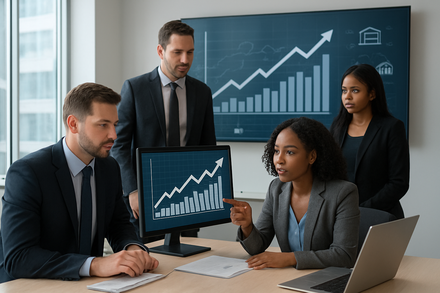 Create a realistic image of a modern corporate office setting with financial charts and graphs displaying upward trending arrows and positive ROI metrics on computer monitors and wall displays, featuring a diverse group of business professionals including a white male and black female analyzing cost-benefit data, with supply chain icons like trucks, warehouses, and interconnected network symbols subtly integrated into the background displays, set in a bright, professional environment with natural lighting from large windows, conveying success and financial growth through clean, organized workspace aesthetics. Absolutely NO text should be in the scene.