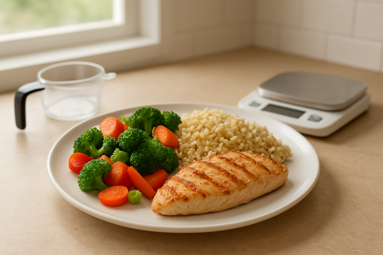 Create a realistic image of a clean kitchen counter with various healthy foods arranged in proper portion sizes on a white plate, including a palm-sized piece of grilled chicken, a fist-sized portion of brown rice, and colorful vegetables filling half the plate, with measuring cups and a food scale nearby, soft natural lighting from a window, warm and encouraging atmosphere, absolutely NO text should be in the scene.