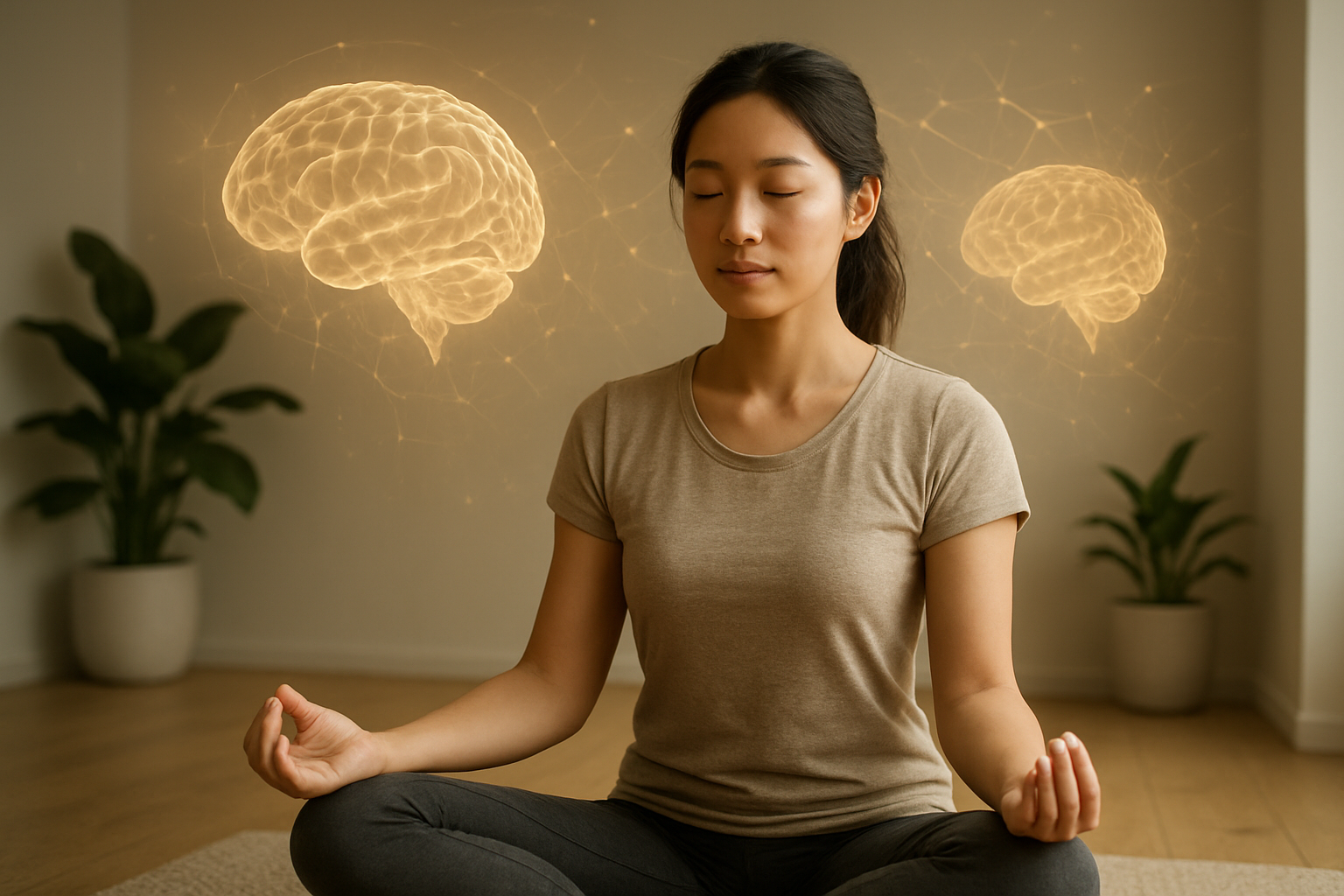 Create a realistic image of a focused Asian female in her late twenties sitting in a serene meditation pose with eyes gently closed, surrounded by floating translucent brain imagery and neural network patterns, soft golden lighting illuminating her peaceful expression, minimalist modern room background with plants, conveying mental clarity and concentration training, absolutely NO text should be in the scene.