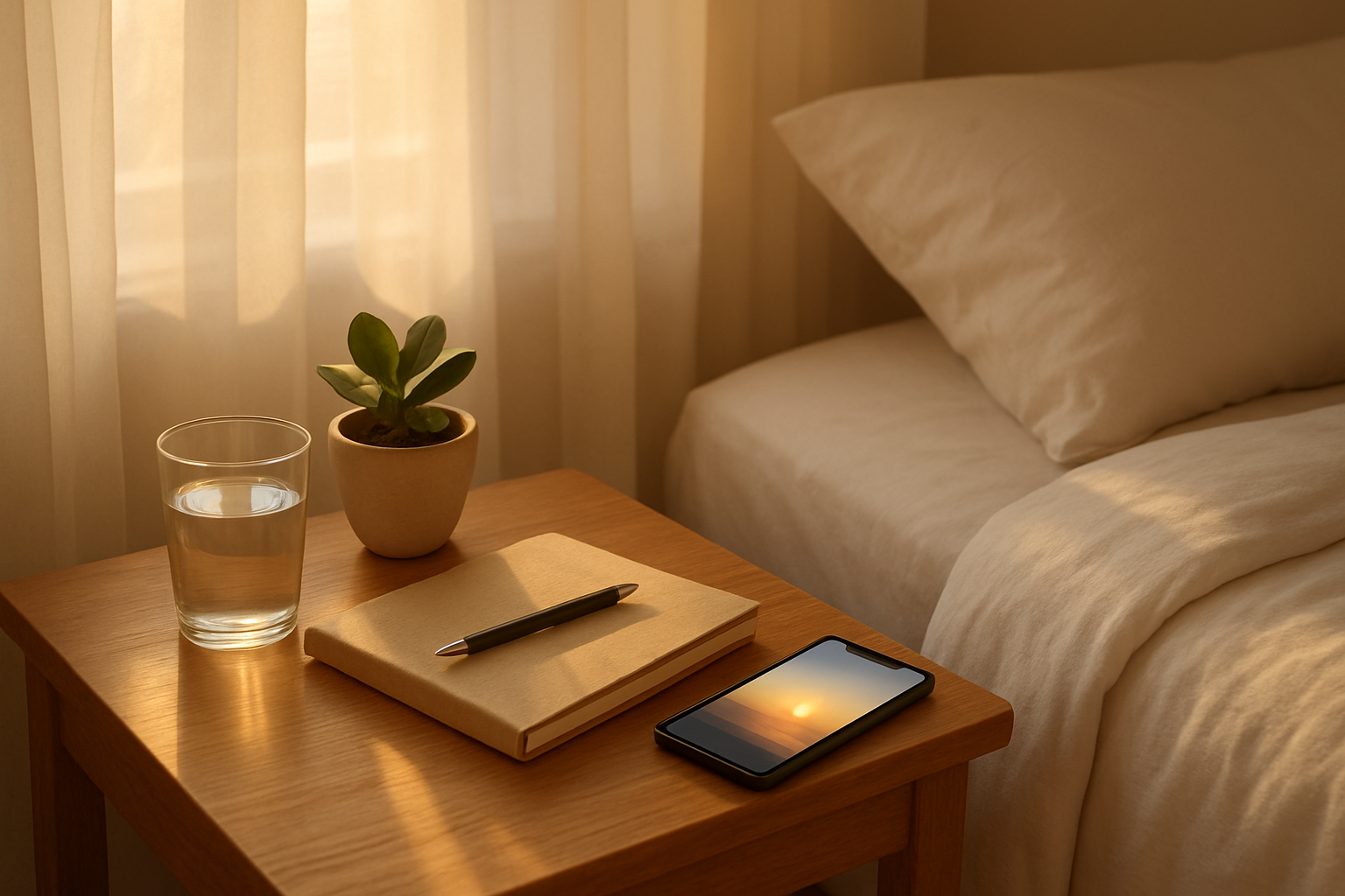 Create a realistic image of a peaceful morning scene showing a neatly organized bedside table with wellness items including a glass of water, a journal with a pen, a small potted plant, and a smartphone displaying a sunrise, next to a made bed with soft natural sunlight streaming through sheer curtains in the background, creating a calm and organized atmosphere that represents a successful morning routine foundation, with warm golden lighting and clean minimalist aesthetic. Absolutely NO text should be in the scene.