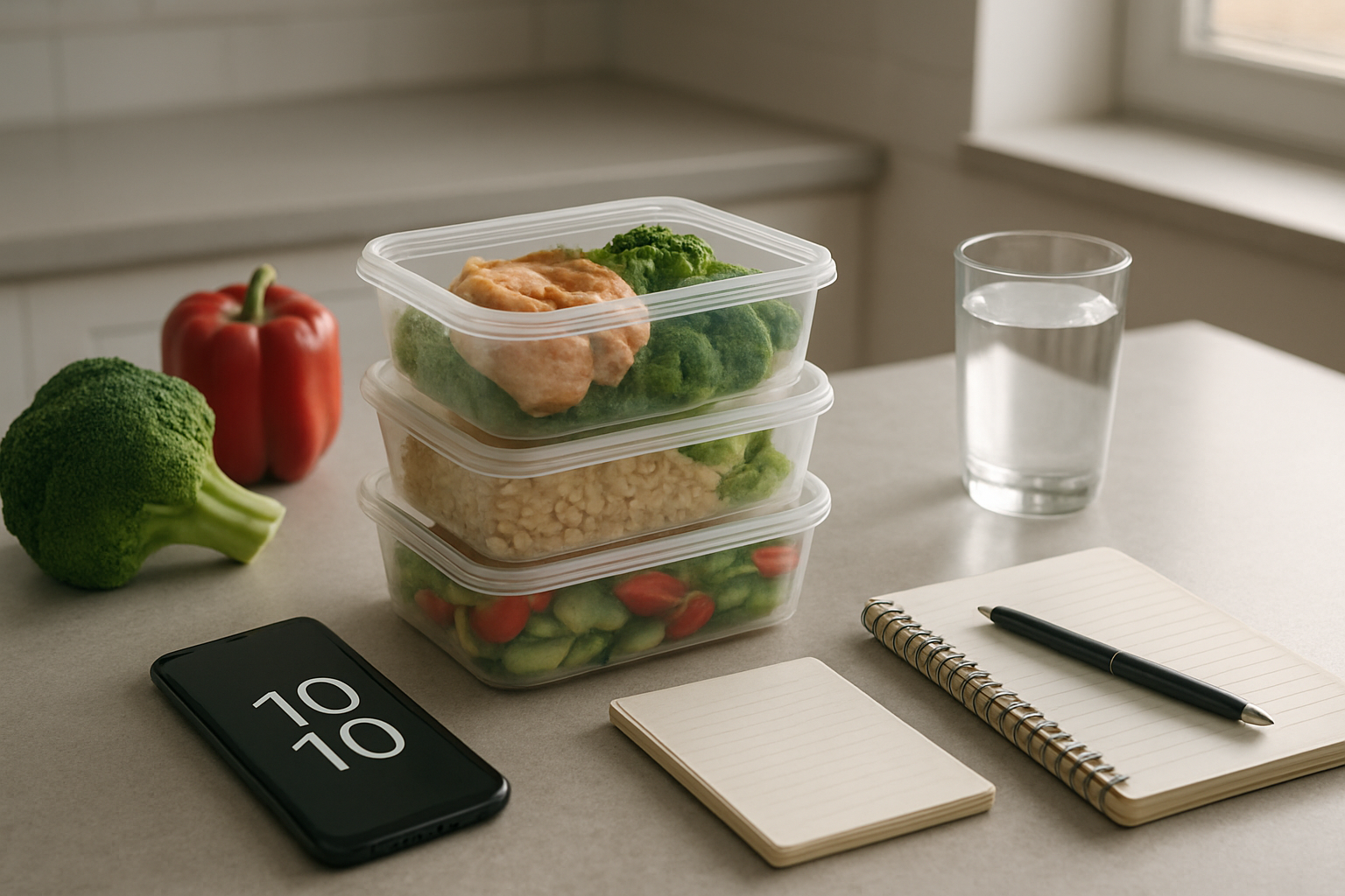 Create a realistic image of a clean, modern kitchen counter with multiple healthy meal prep containers, a smartphone displaying a clock interface, fresh vegetables like broccoli and bell peppers, a glass of water, and a small notebook with a pen, all arranged thoughtfully to suggest meal planning and time-based eating schedules, with soft natural lighting from a nearby window creating a calm and organized atmosphere, absolutely NO text should be in the scene.