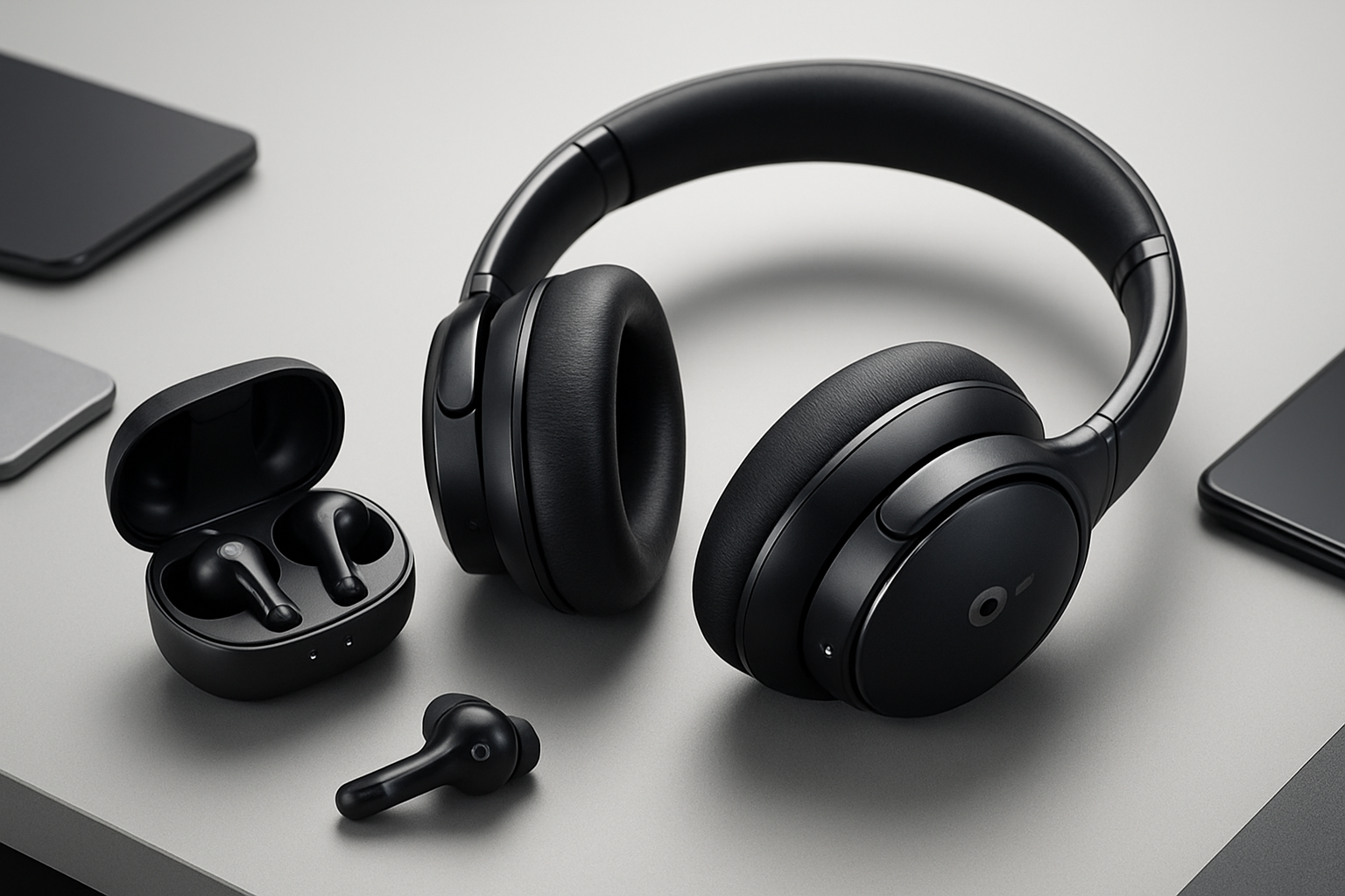 Create a realistic image of premium Soundcore wireless headphones and earbuds displayed on a modern minimalist desk surface with subtle tech accessories, featuring sleek black and metallic finishes, advanced design elements like touch controls and LED indicators clearly visible, soft professional lighting highlighting the product details and textures, clean white background with subtle shadows, contemporary tech product photography style, absolutely NO text should be in the scene.