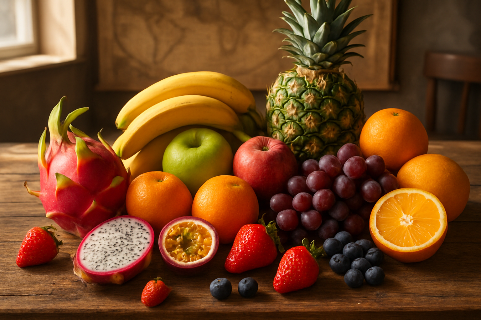 Create a realistic image of a vibrant collection of diverse fruits arranged in an artful display on a rustic wooden table, featuring colorful apples, bananas, oranges, strawberries, grapes, pineapple, and exotic fruits like dragon fruit and passion fruit, with some fruits cut open to reveal their inner textures, surrounded by subtle elements suggesting global origins like vintage maps in the background, warm natural lighting streaming from a window creating soft shadows, conveying a sense of discovery and wonder about nature's variety, shot from a slightly elevated angle to showcase the abundance and diversity, with a cozy kitchen or study setting visible in the softly blurred background. Absolutely NO text should be in the scene.