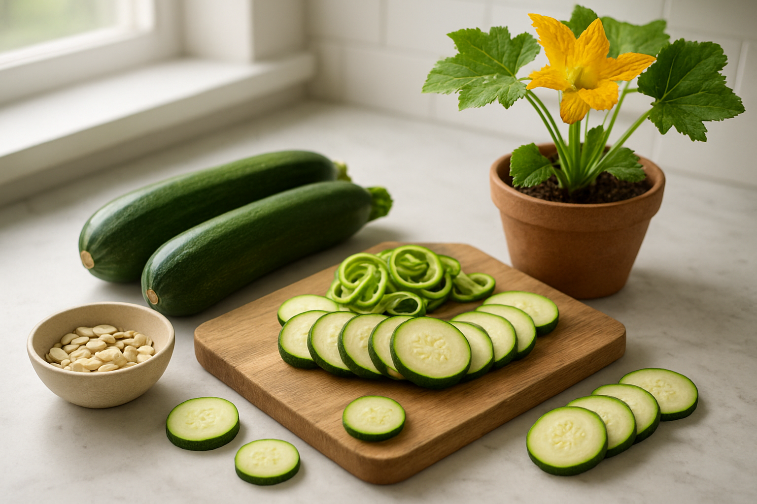 Create a realistic image of a beautiful kitchen countertop scene showcasing fresh whole zucchini and sliced zucchini pieces arranged alongside a small bowl of zucchini seeds, a wooden cutting board with zucchini spirals, and a small potted zucchini plant with yellow flowers, all set against a clean white marble counter with soft natural lighting from a nearby window, creating a warm and inviting atmosphere that represents the complete journey from garden to table, absolutely NO text should be in the scene.