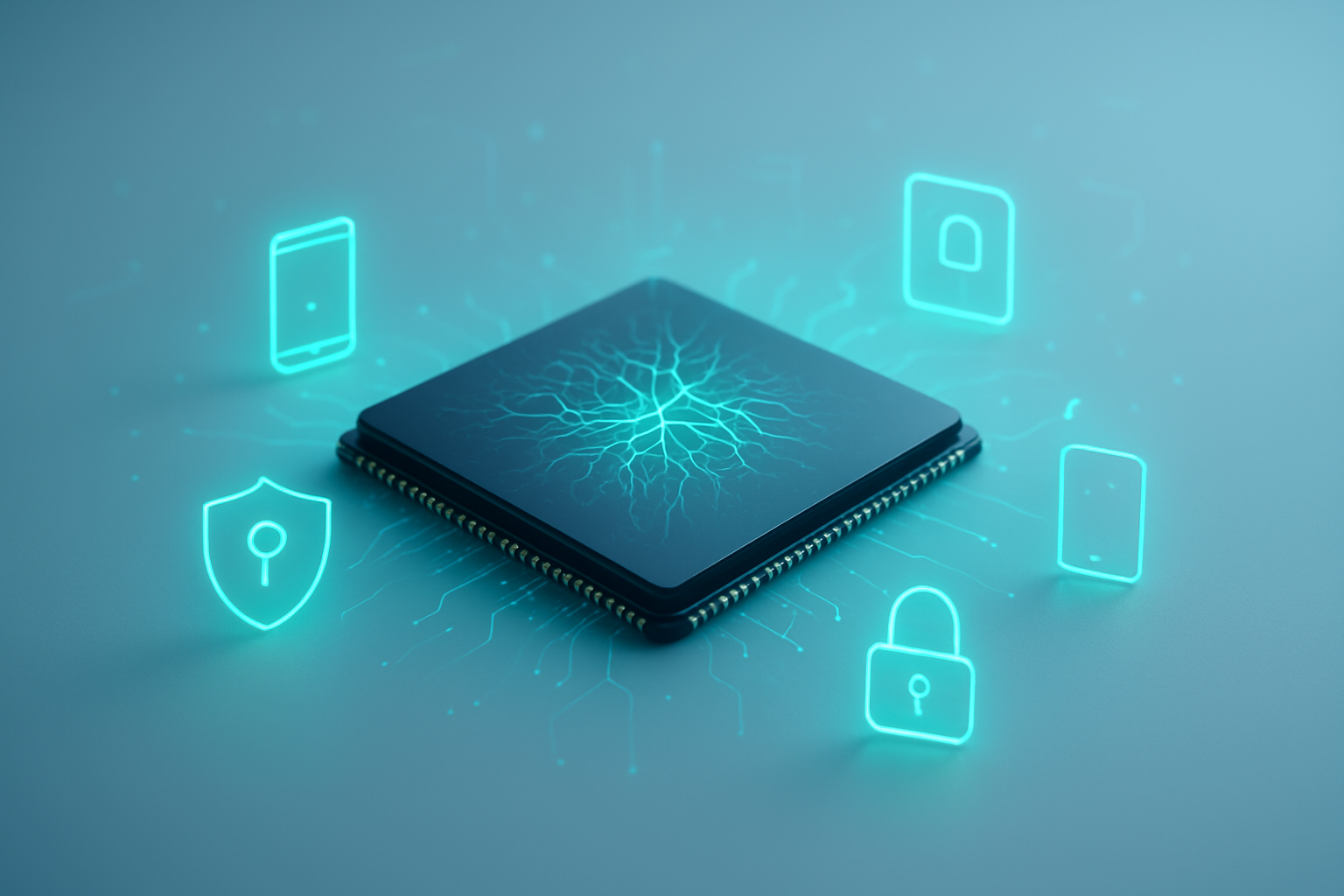 Create a realistic image of a sleek, compact computer chip or processor placed on a clean white surface, with small glowing neural network patterns emanating from it, surrounded by miniature icons representing privacy shields, lock symbols, and small connected devices like smartphones and tablets, soft blue and green ambient lighting creating a modern tech atmosphere, clean minimalist background with subtle digital elements, absolutely NO text should be in the scene.