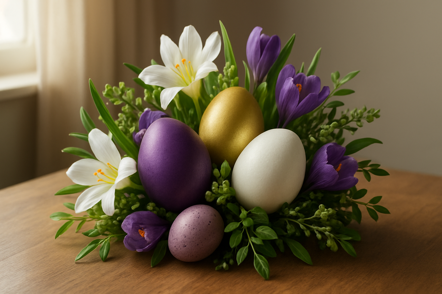 Create a realistic image of a beautifully arranged Easter display featuring traditional Easter colors including purple, white, gold, and green elements, with painted Easter eggs in these liturgical colors nestled among fresh spring flowers like white lilies, purple crocuses, and green foliage, soft natural lighting from a window creating gentle shadows, peaceful and reverent atmosphere suggesting completion and understanding, elegant home interior setting with wooden table surface, warm and inviting mood that conveys mastery of Easter color traditions, absolutely NO text should be in the scene.