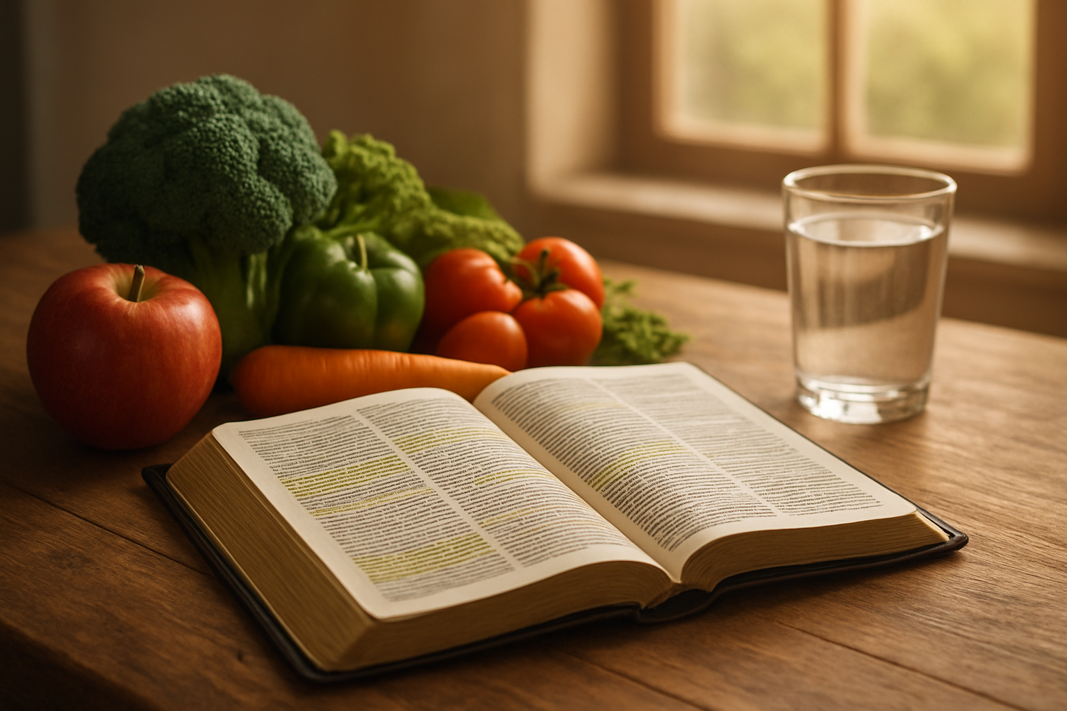 Create a realistic image of an open Bible with highlighted verses placed on a wooden table next to fresh fruits, vegetables, and a glass of water, with soft natural lighting streaming through a window in the background, symbolizing the connection between scripture and physical health, with warm and peaceful atmosphere. Absolutely NO text should be in the scene.