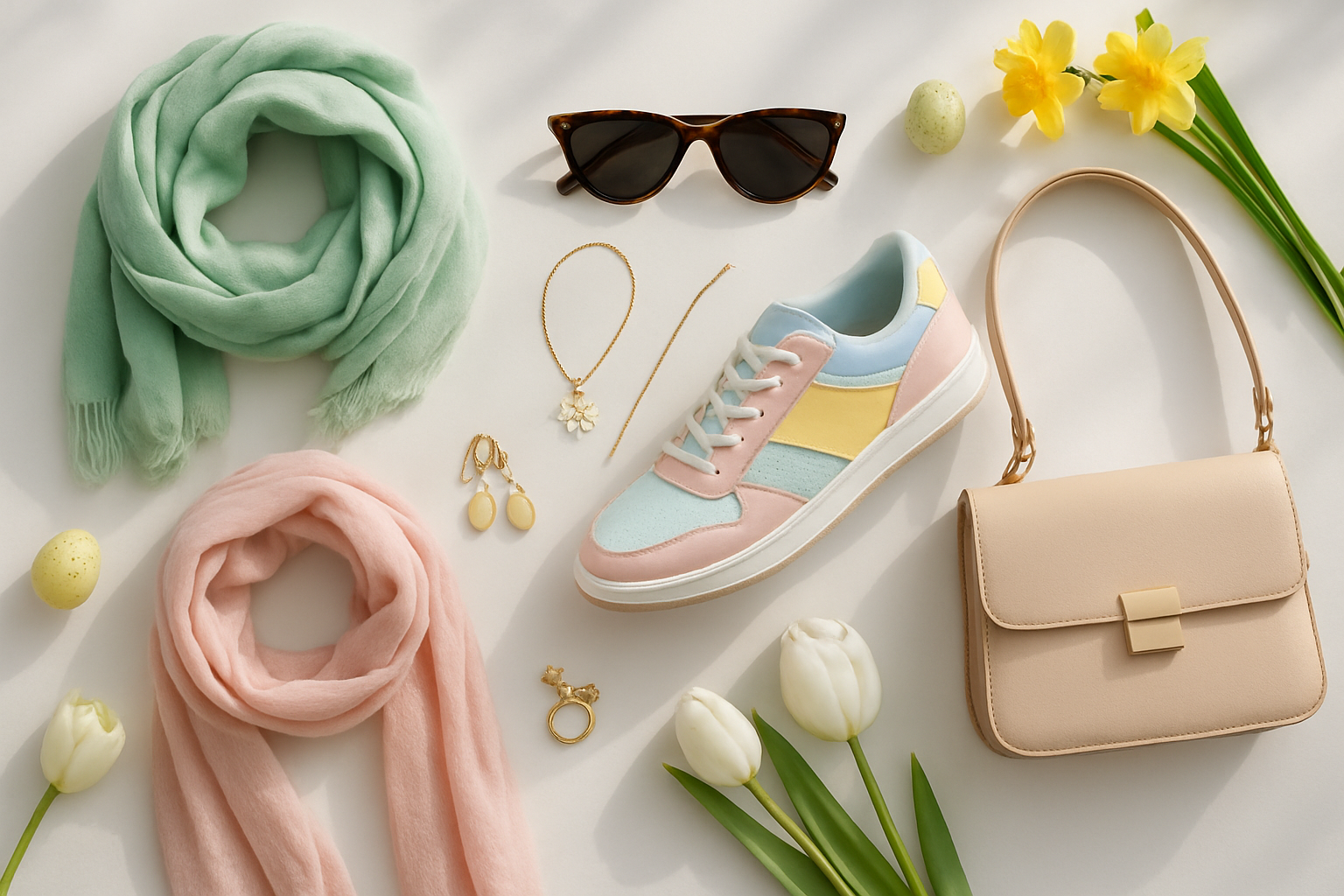Create a realistic image of stylish Easter-themed fashion accessories and clothing items arranged on a clean white surface, including pastel-colored scarves, trendy sunglasses, fashionable jewelry with spring motifs, colorful sneakers, and a stylish handbag, with soft natural lighting creating gentle shadows, surrounded by subtle Easter decorations like small decorative eggs and fresh spring flowers, capturing a modern and chic aesthetic perfect for young adults, absolutely NO text should be in the scene.