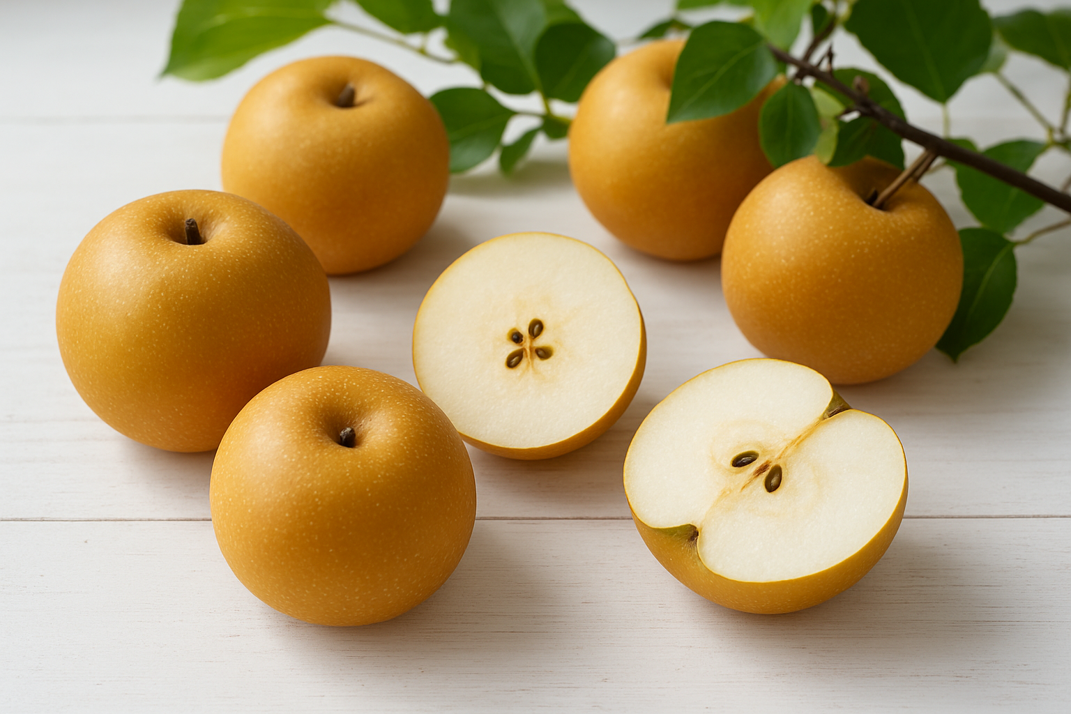 Create a realistic image of fresh Nashi pears displayed on a clean white wooden surface, showing both whole and cross-sectioned fruits to reveal their crisp white flesh and small brown seeds, with some pears still attached to leafy branches, captured in bright natural daylight with soft shadows, highlighting the pears' distinctive round apple-like shape and golden-brown skin with subtle speckled texture, arranged in an educational and visually appealing composition that emphasizes the fruit's unique characteristics, absolutely NO text should be in the scene.