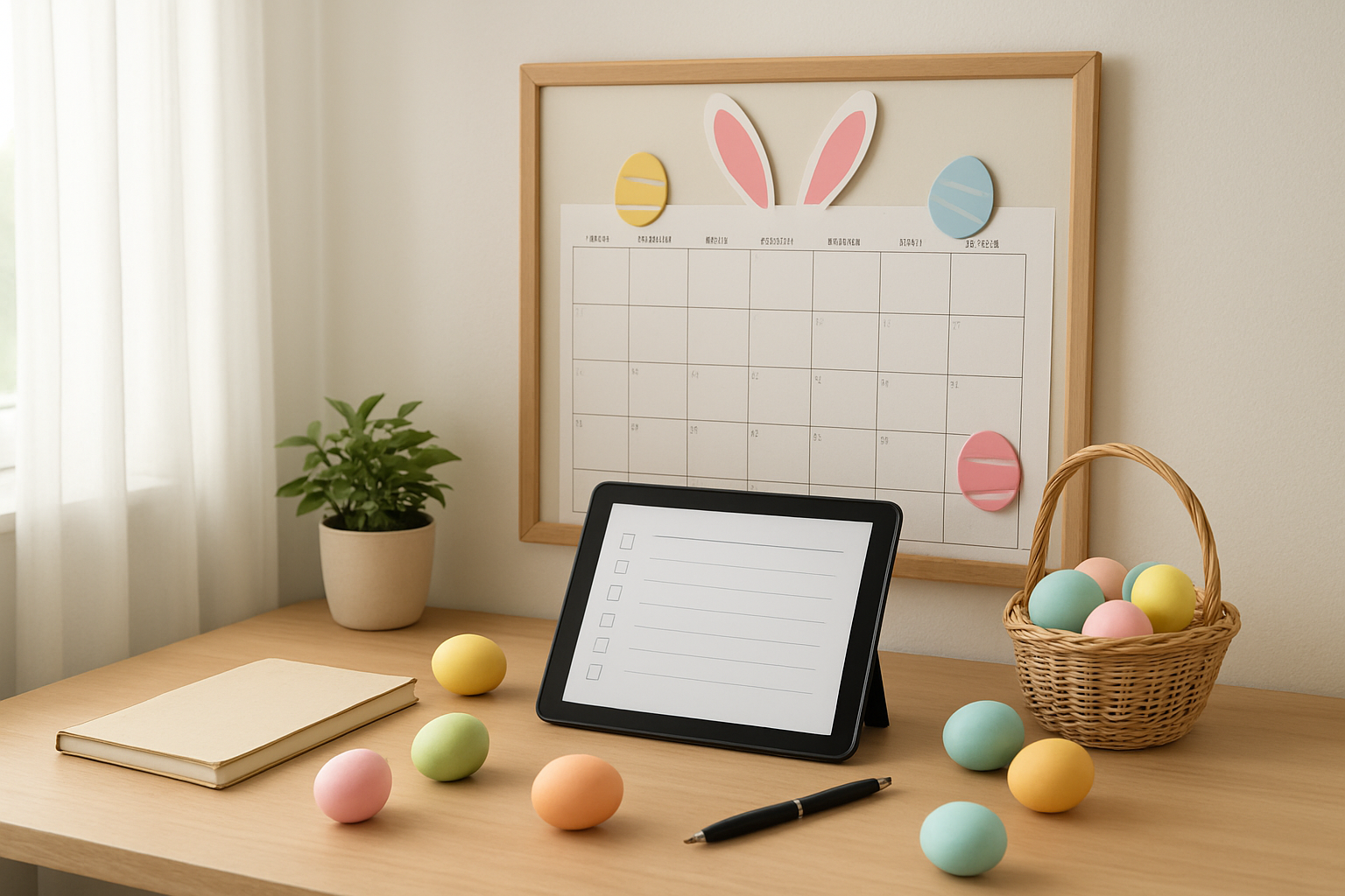 Create a realistic image of a neatly organized desk scene featuring a wall calendar with Easter-themed decorations, a digital tablet displaying a shopping checklist, colorful Easter eggs scattered around, a notebook with a pen, and a small basket filled with pastel-colored items, all arranged in a bright, well-lit home office environment with natural lighting from a nearby window, conveying a sense of organized planning and preparation, absolutely NO text should be in the scene.
