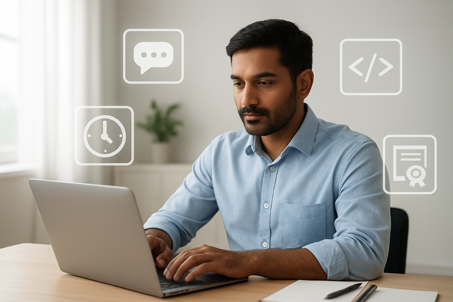 Create a realistic image of a South Asian male professional sitting at a modern desk with a laptop, surrounded by floating visual representations of essential remote work skills including digital communication icons, coding symbols, time management tools, and qualification certificates, set against a clean office background with soft natural lighting from a window, conveying focus and productivity, absolutely NO text should be in the scene.
