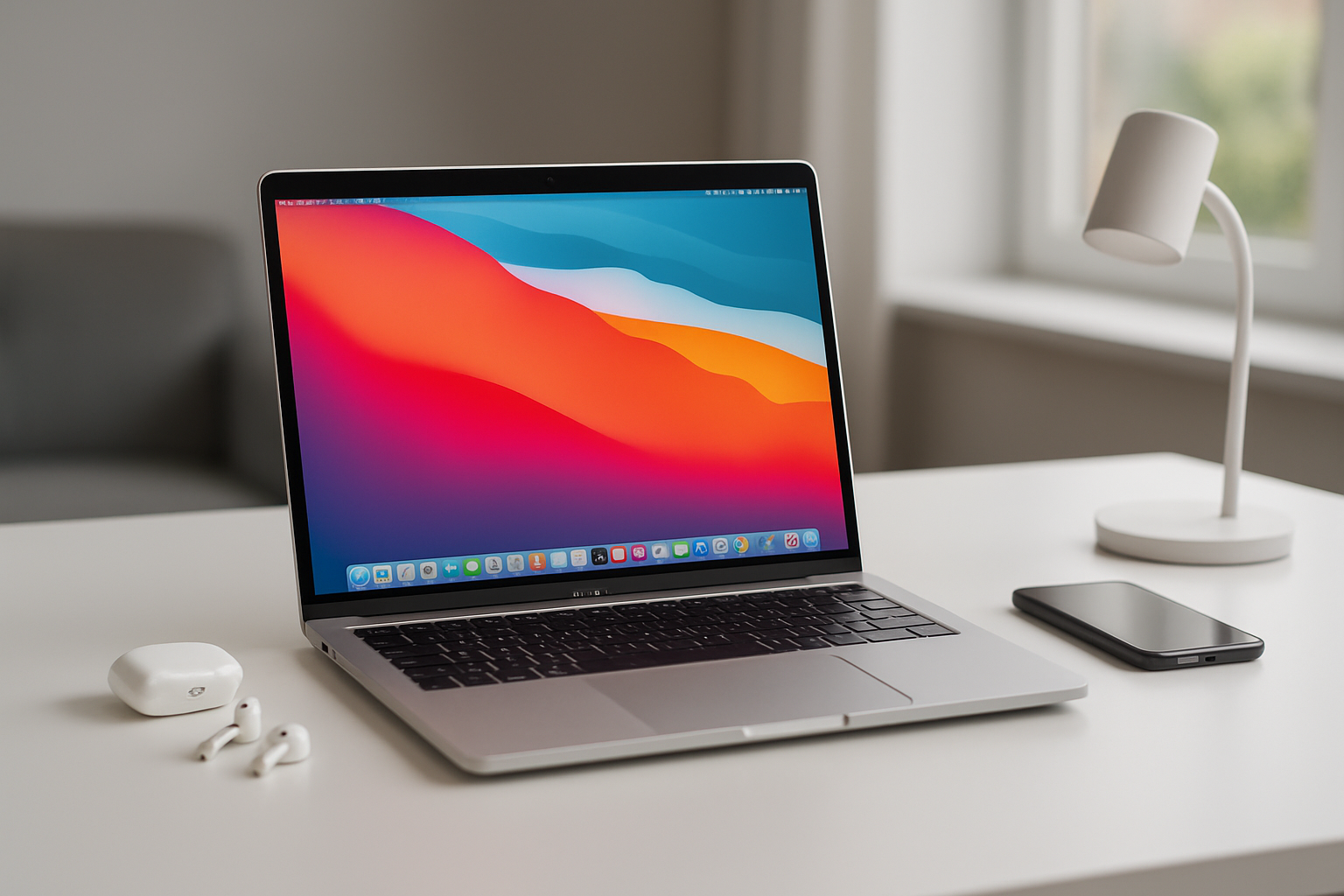 Create a realistic image of a sleek silver MacBook Pro laptop positioned at a slight angle on a clean modern white desk, with the laptop screen displaying a vibrant colorful abstract wallpaper, surrounded by complementary tech accessories including wireless earbuds, a smartphone, and a minimalist desk lamp, set against a soft-focus contemporary office background with natural lighting streaming through a window, creating a premium professional atmosphere that conveys innovation and quality, absolutely NO text should be in the scene.