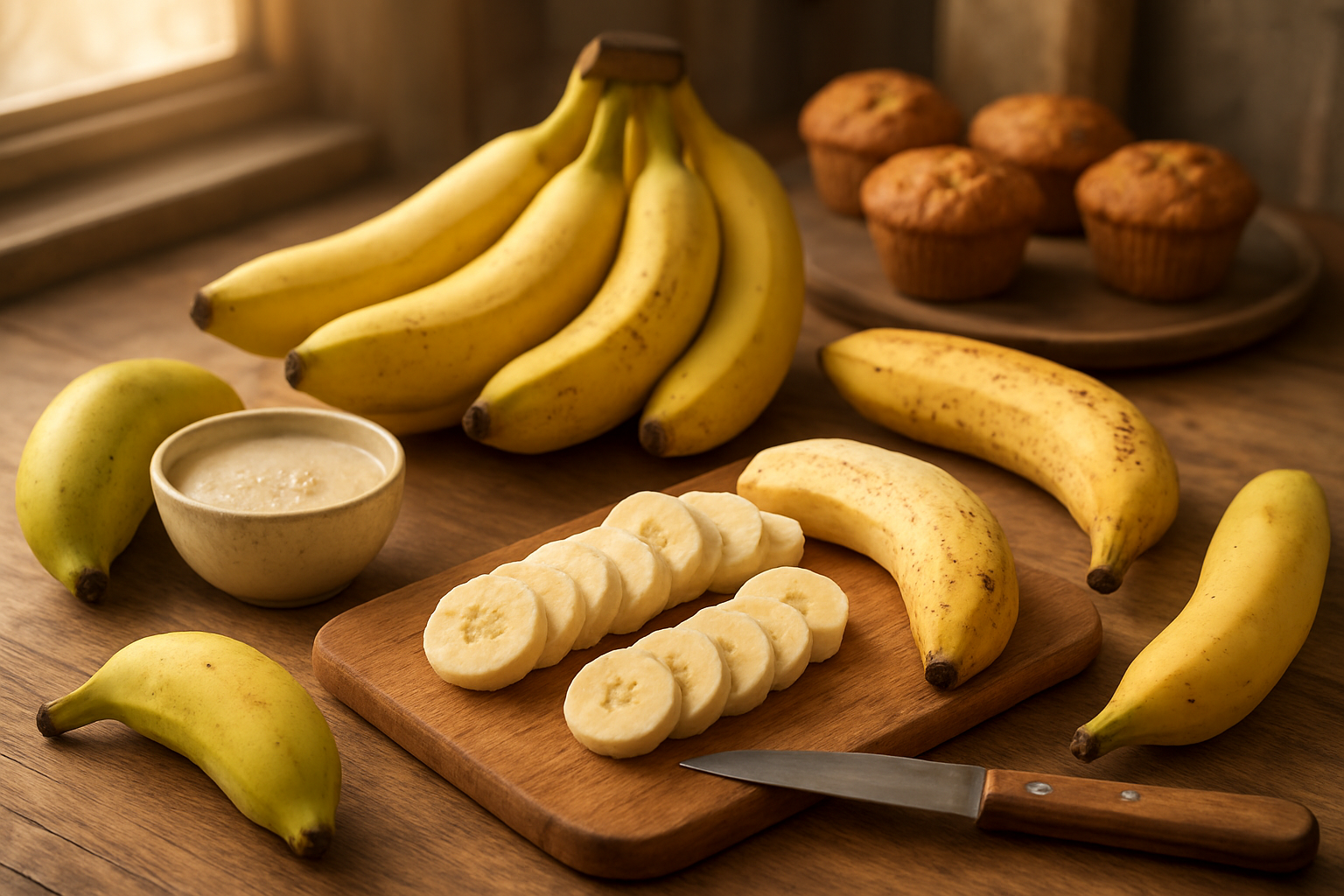 Create a realistic image of a rustic wooden kitchen counter displaying fresh apple bananas in various stages of ripeness alongside sliced apple bananas on a wooden cutting board, with a few whole apple bananas scattered around, a small bowl of apple banana smoothie, and some baked apple banana muffins in the background, set in a warm, naturally lit kitchen environment with soft sunlight streaming through a window, creating a cozy and inviting atmosphere that showcases the versatility and appeal of apple bananas, absolutely NO text should be in the scene.