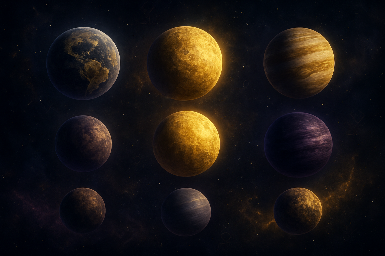 உச்சம் vs நீச்சம்: எது உங்கள் வாழ்க்கையை மாற்றும்? Create a realistic image of nine celestial planets arranged in a cosmic space setting with three distinct sections representing houses 6, 8, and 12, where each section shows planets emitting both golden light (representing benefits) and dark purple shadows (representing challenges), with a deep starry universe background, mystical nebula clouds, and astrological symbols subtly integrated into the cosmic atmosphere, shot with dramatic lighting that creates contrast between the bright and dark energies, Absolutely NO text should be in the scene.