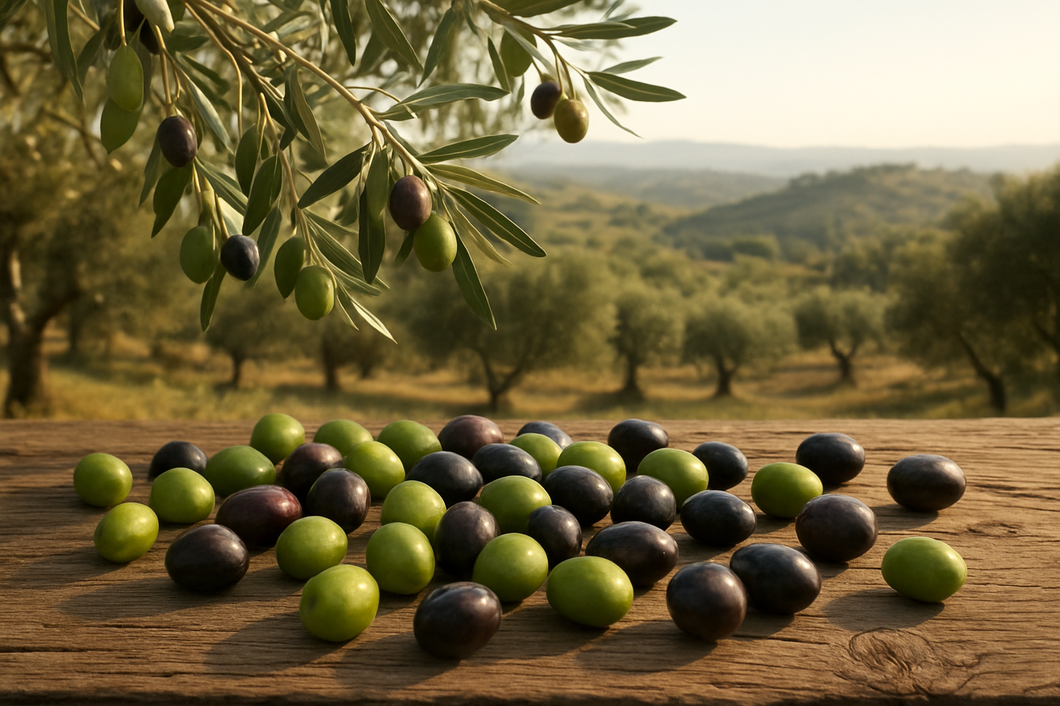 Create a realistic image of fresh olives in their natural state showing both green and black varieties scattered on a rustic wooden surface, with olive tree branches bearing ripe olives in the background, ancient Mediterranean landscape with rolling hills and traditional olive groves visible in the distance, warm golden sunlight creating soft shadows, emphasizing the natural origins and agricultural heritage of olive cultivation. Absolutely NO text should be in the scene.