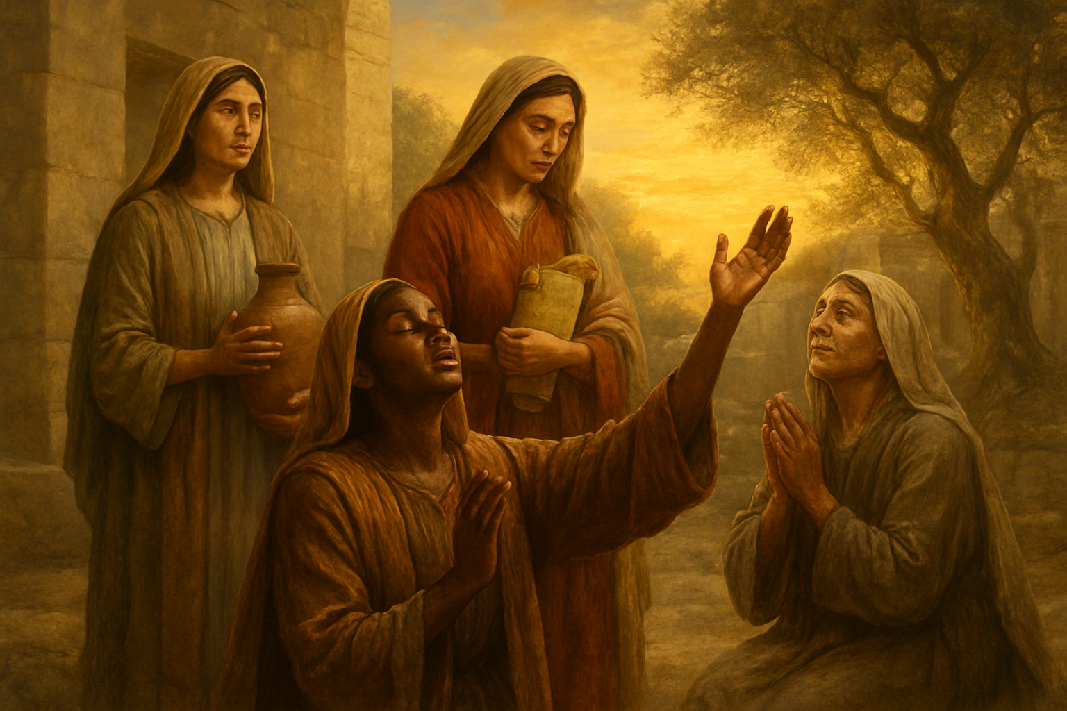 Create a realistic image of a diverse group of women from biblical times showing extraordinary faith and sacrifice, featuring women of various ethnicities including Middle Eastern, African, and Mediterranean backgrounds, wearing traditional ancient robes and head coverings in earth tones, some kneeling in prayer with hands raised toward heaven, others holding clay jars or scrolls, set against a warm golden sunset backdrop with ancient stone architecture and olive trees, conveying a sense of devotion, strength, and spiritual reverence through their postures and expressions, with soft warm lighting creating an atmosphere of sacred dedication and divine connection. Absolutely NO text should be in the scene.