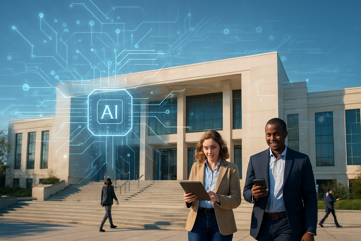 Create a realistic image of a modern government building with a sleek digital interface overlay showing interconnected AI network nodes and data streams flowing around the structure, featuring diverse citizens including a white female and black male walking up the front steps while interacting with tablets and smartphones, with soft natural lighting creating an optimistic and progressive atmosphere, surrounded by subtle holographic elements representing automation and digital transformation, set against a clear blue sky background that conveys innovation and forward-thinking governance, absolutely NO text should be in the scene.
