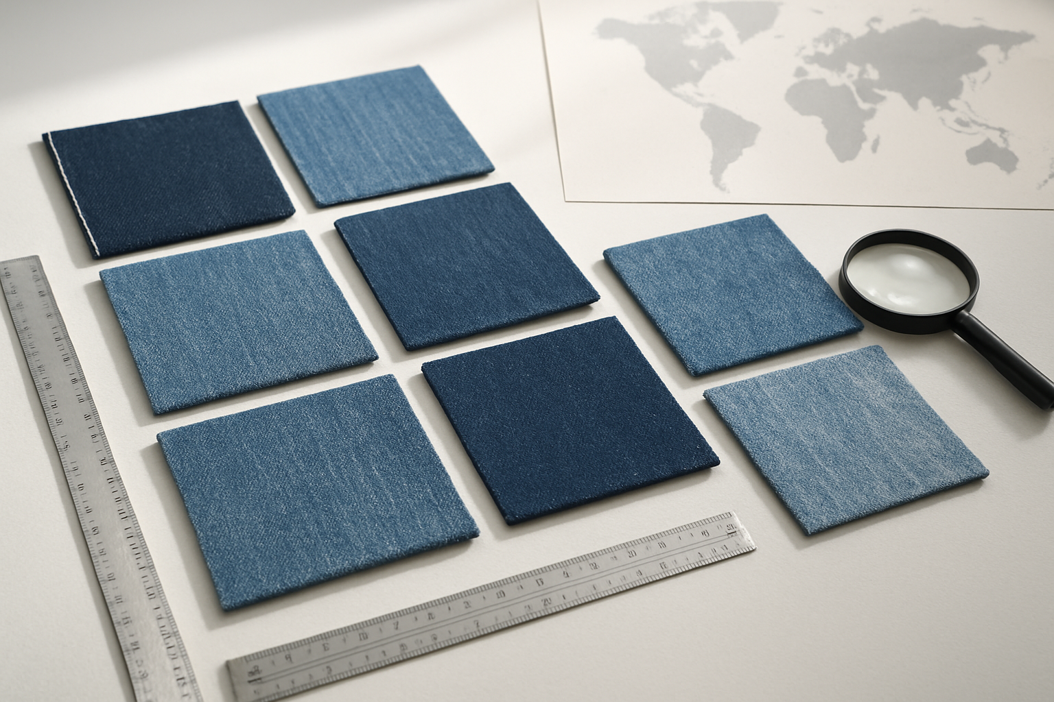 Create a realistic image of various denim fabric swatches arranged in an organized display showing different weights, stretches, and washes, with fabric samples laid out on a clean white surface, including raw selvedge denim, stretch denim, stone-washed, acid-washed, and dark rinse samples, accompanied by a world map in the background showing global market regions, professional fabric testing tools like measuring rulers and magnifying glass nearby, soft natural lighting from above creating subtle shadows, conveying a sense of expertise and international business success, absolutely NO text should be in the scene.