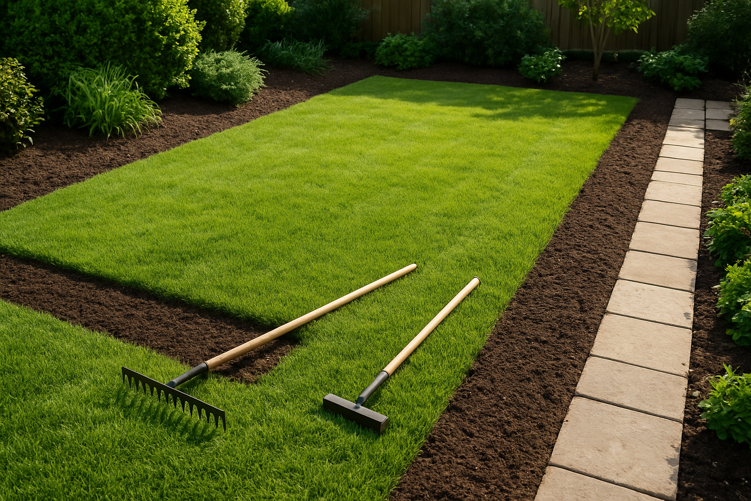 Create a realistic image of a well-maintained suburban backyard lawn with freshly prepared soil strips along the edges where grass meets garden beds and walkways, showing neat parallel lines of dark, rich earth that have been carefully cultivated and smoothed, with gardening tools like a rake and edger placed nearby on the green grass, bright natural daylight illuminating the scene, demonstrating professional ground preparation techniques for lawn maintenance, absolutely NO text should be in the scene.