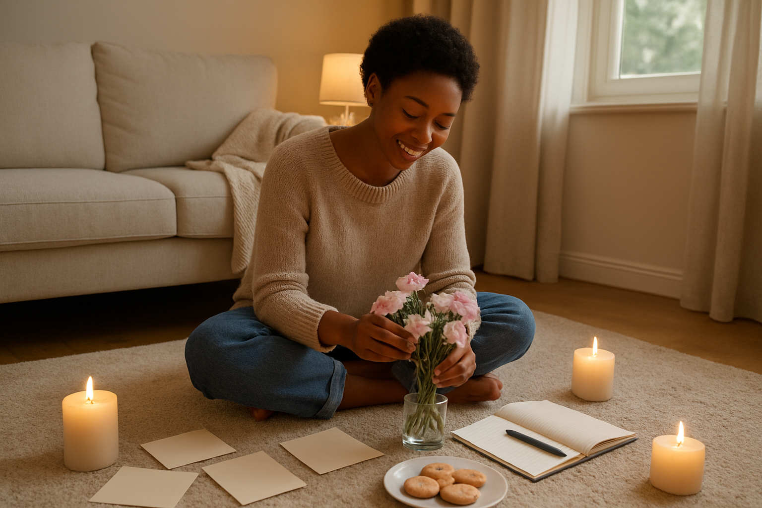 Create a realistic image of a cozy living room scene with a young black female sitting cross-legged on a soft carpet, arranging fresh pink and white flowers in a small vase, surrounded by handwritten greeting cards, a open journal with a pen, homemade heart-shaped cookies on a plate, and lit vanilla candles creating a warm golden glow, with soft natural light streaming through a window in the background, conveying a peaceful and joyful atmosphere of self-care and meaningful personal traditions, absolutely NO text should be in the scene.