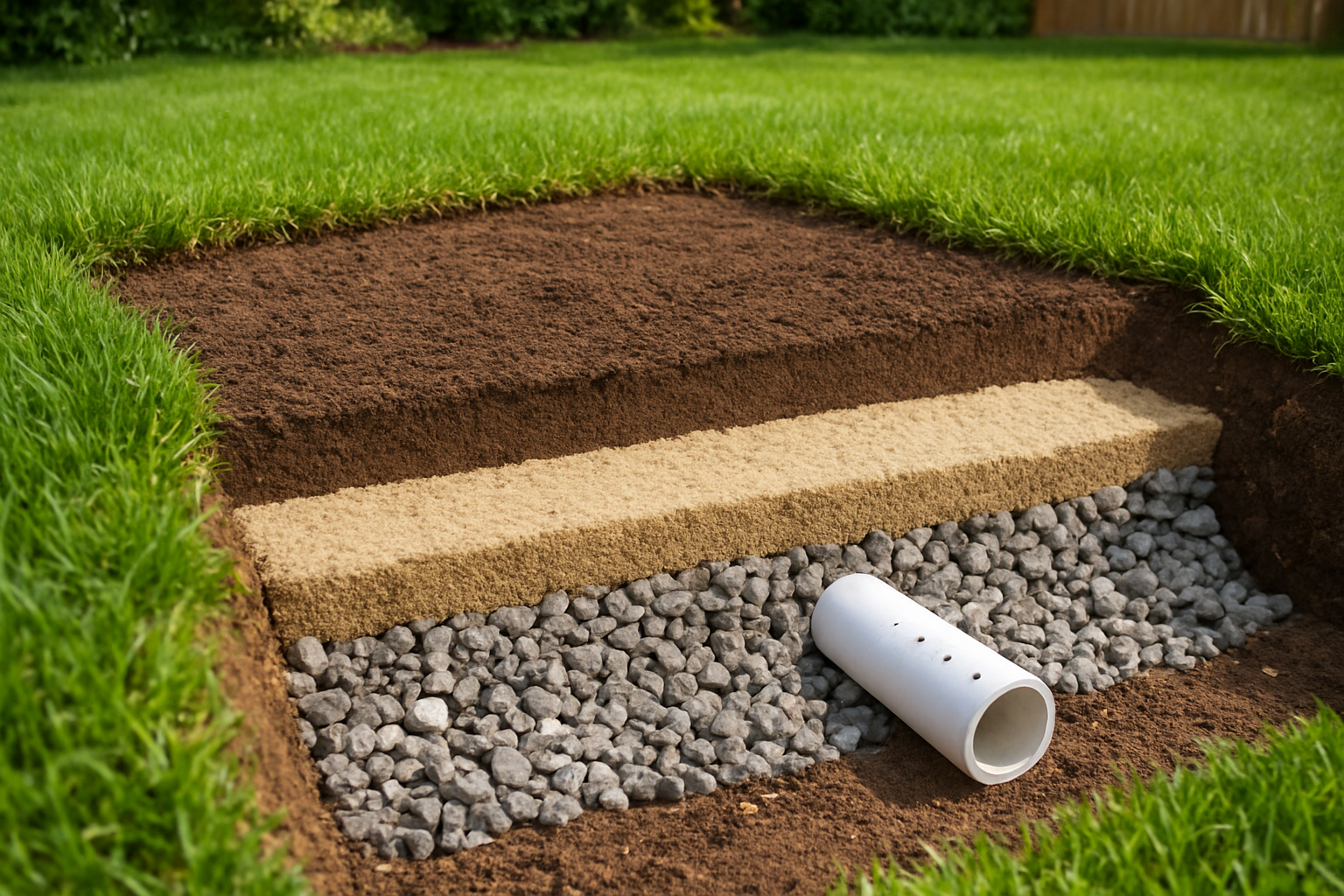 Create a realistic image of a cross-section view of a dog potty area showing the layered drainage system with visible gravel base layer, sand middle layer, and drainage pipes, set in a backyard with green grass surrounding the designated area, natural daylight lighting, clean and well-maintained appearance with proper water flow indicated by the systematic arrangement of materials, absolutely NO text should be in the scene.