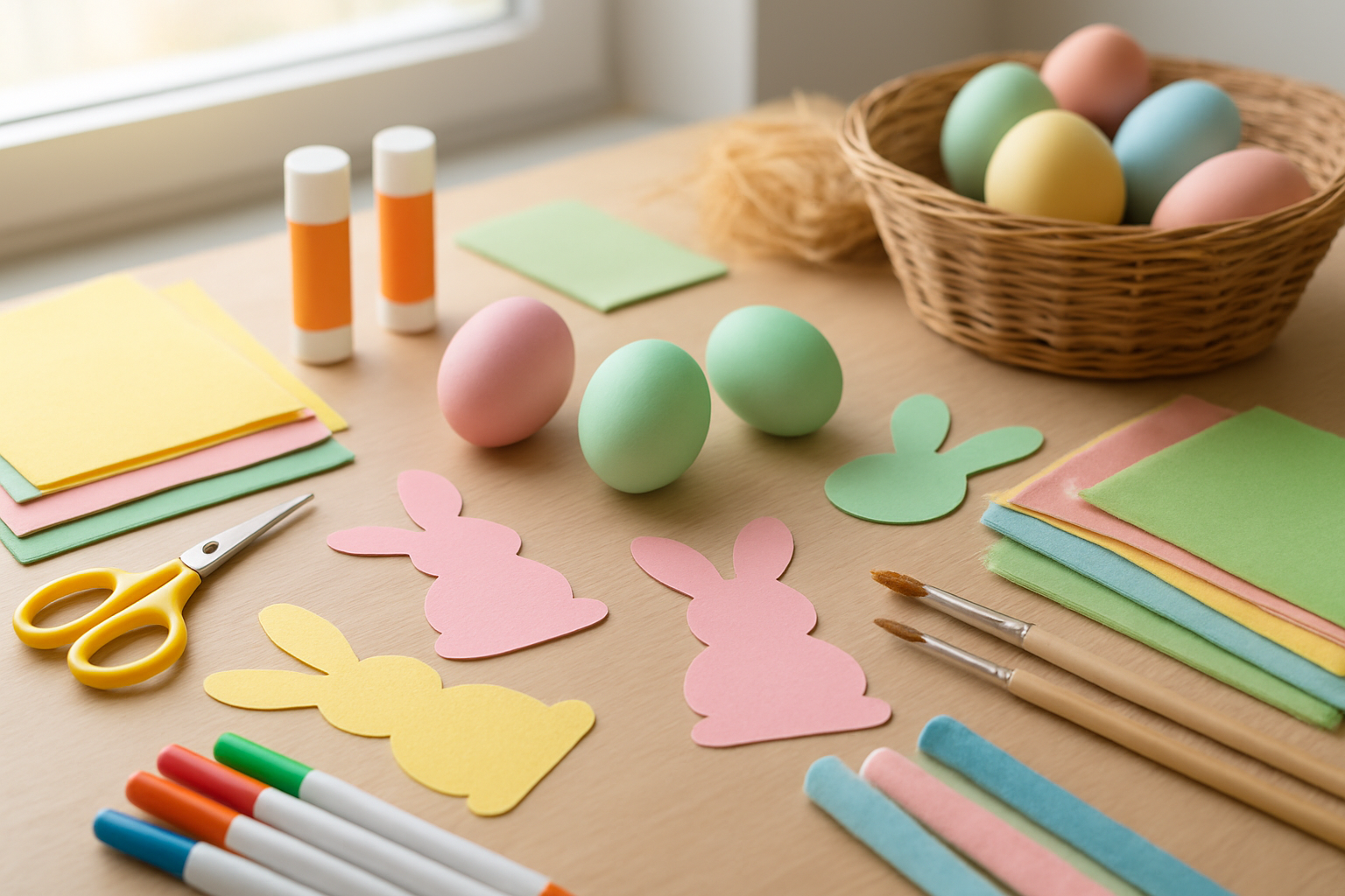Create a realistic image of a bright, well-lit crafting table covered with colorful Easter craft supplies including painted eggs in pastel colors, bunny-shaped paper cutouts, glue sticks, colored markers, scissors, construction paper in spring colors, Easter basket weaving materials, felt fabric pieces, and craft brushes scattered across the wooden surface, with soft natural lighting coming from a nearby window creating a warm and inviting creative atmosphere, absolutely NO text should be in the scene.