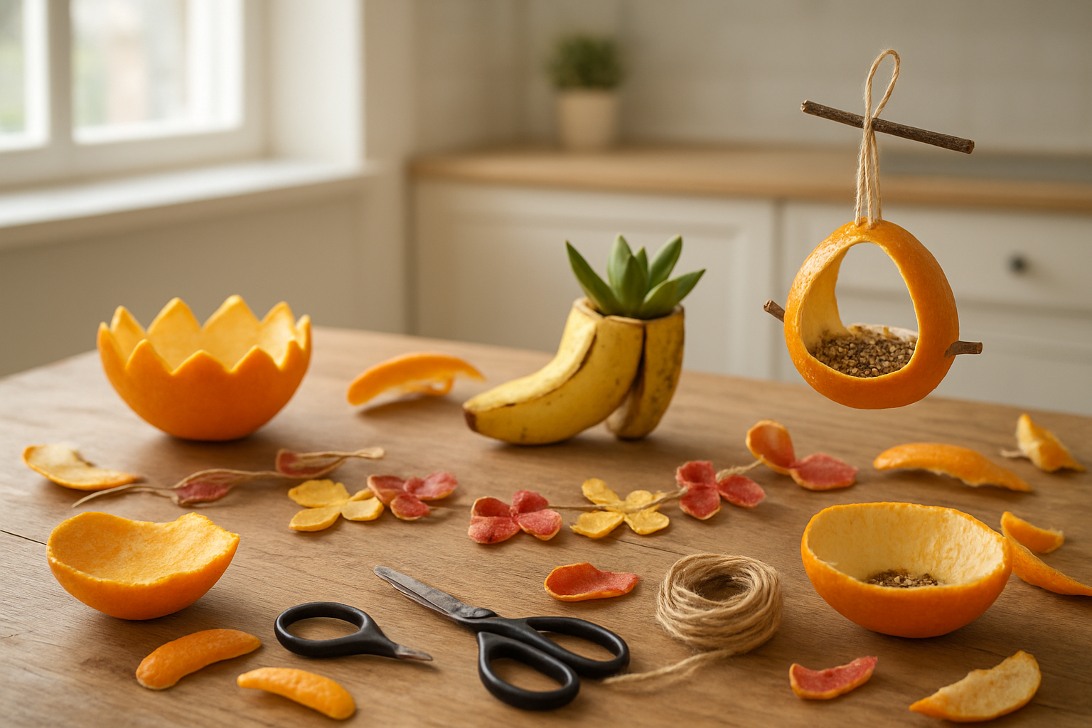 Create a realistic image of colorful handmade craft projects made from various fruit peels including orange peel bowls, banana peel planters, apple peel decorative garlands, and citrus peel bird feeders arranged on a wooden craft table with scattered fresh fruit peels, crafting tools like scissors and twine, in a bright natural kitchen setting with soft daylight streaming through a window, creating an eco-friendly creative workspace atmosphere, absolutely NO text should be in the scene.