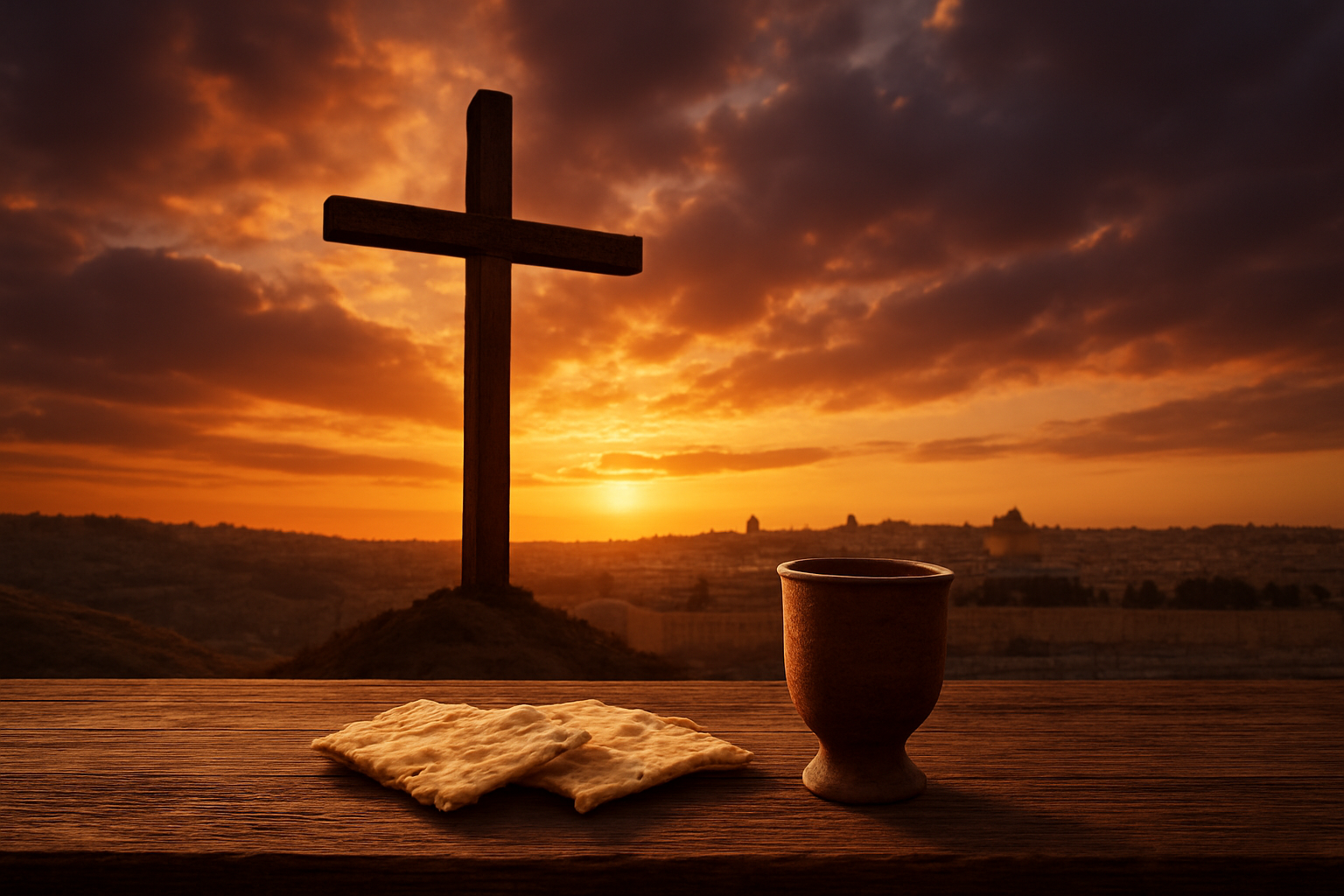 Create a realistic image of a wooden cross silhouetted against a dramatic sunset sky with deep orange and purple hues, positioned on a hill overlooking ancient Jerusalem with stone buildings and walls visible in the distance, while in the foreground a simple wooden table holds a clay cup of red wine and pieces of unleavened bread, creating a solemn and reverent atmosphere that connects the elements of communion with the crucifixion, soft golden light filtering through clouds, absolutely NO text should be in the scene.