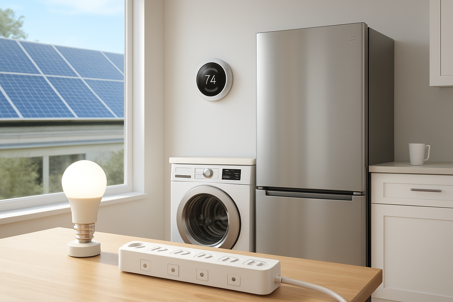 Create a realistic image of a modern home interior showcasing energy-efficient appliances and solutions including LED light bulbs, a programmable smart thermostat on the wall, ENERGY STAR certified refrigerator and washing machine, solar panels visible through a large window, and a power strip with smart outlets, all arranged in a clean, bright living space with natural lighting streaming in, conveying a sense of modern efficiency and cost savings, absolutely NO text should be in the scene.