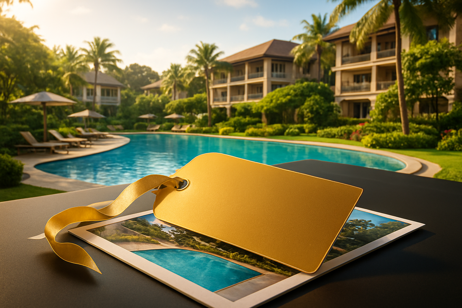 realistic image of a luxurious resort setting at Della Resort, showcasing stunning amenities such as a sparkling outdoor pool surrounded by lush greenery, elegant resort buildings, and beautifully manicured landscapes, with a prominent display of a golden discount tag or ribbon elegantly draped over a resort brochure or booking voucher placed on a sleek surface in the foreground, evoking a sense of exclusive deals and luxury savings, bathed in warm, inviting sunlight that highlights the premium yet affordable experience, with a celebratory and upscale mood. Absolutely NO text should be in the scene.