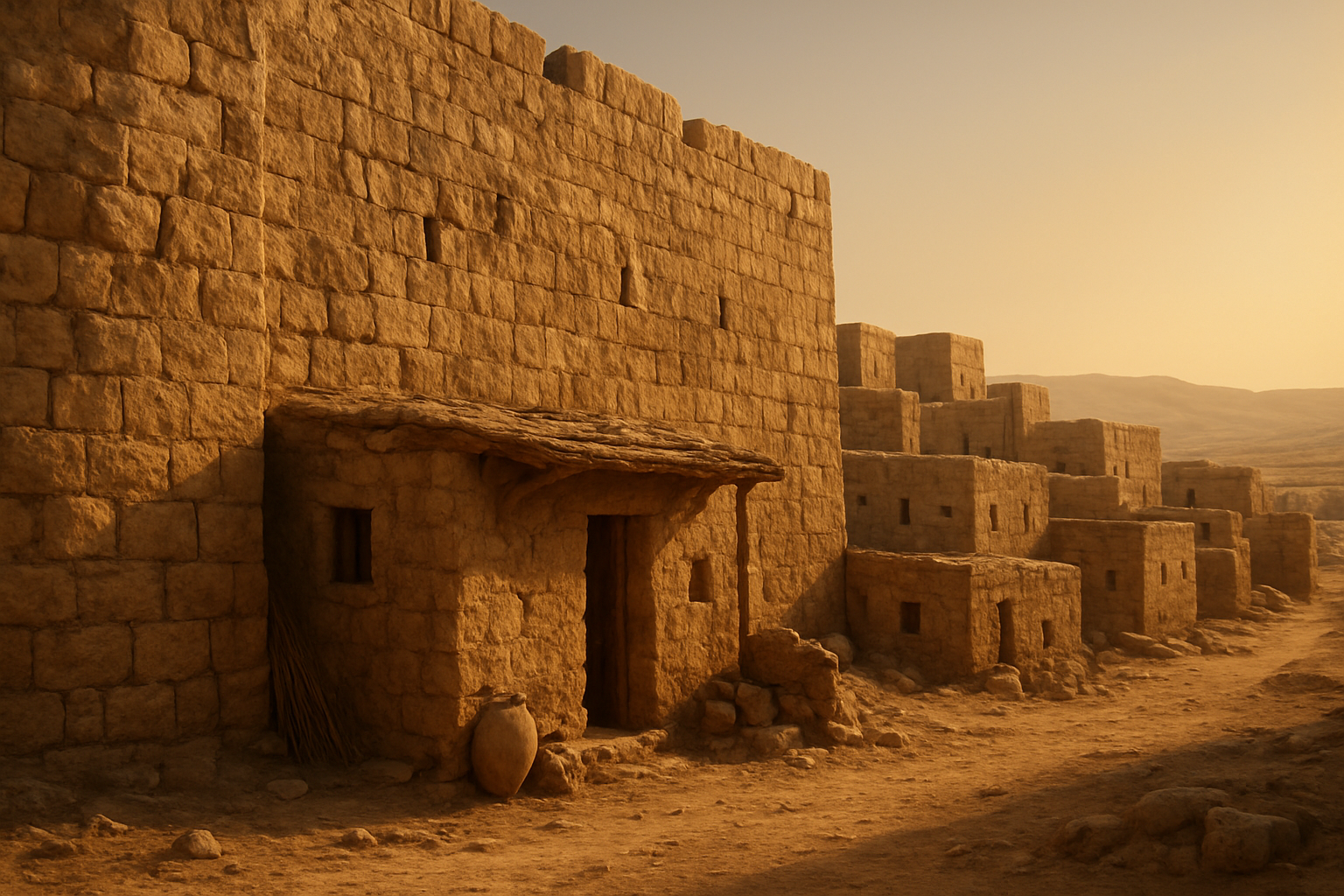 Create a realistic image of an ancient Middle Eastern city of Jericho with massive stone walls, showing a humble dwelling built into or near the city wall, with warm golden lighting from late afternoon sun, dusty desert landscape in the background, ancient biblical architecture with flat roofs and small windows, weathered stone textures, and a sense of historical authenticity representing the challenging living conditions of biblical times, absolutely NO text should be in the scene.