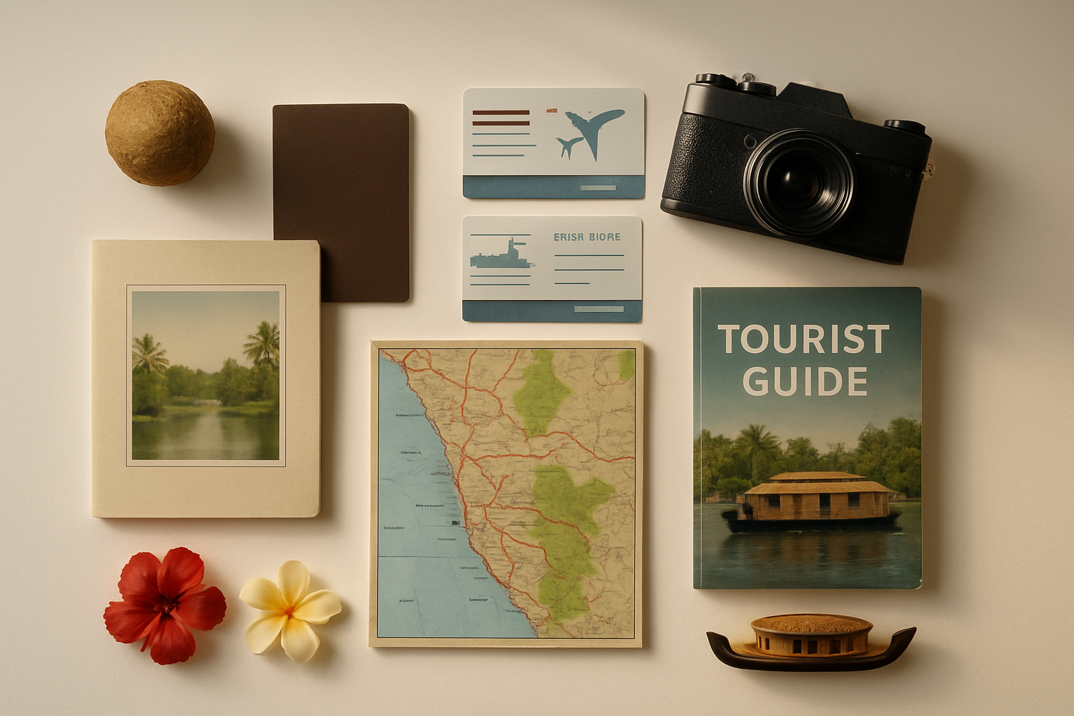 realistic image of a neatly arranged travel package layout on a clean white surface, featuring a Kerala tour itinerary booklet, a hotel key card, airplane and boat tickets, a map of Kerala, a tourist guidebook, and a camera, surrounded by symbolic Kerala elements like a small coconut, tropical flowers, and a miniature houseboat figurine, with soft warm lighting creating an organized and inviting travel planning mood. Absolutely NO text should be in the scene.