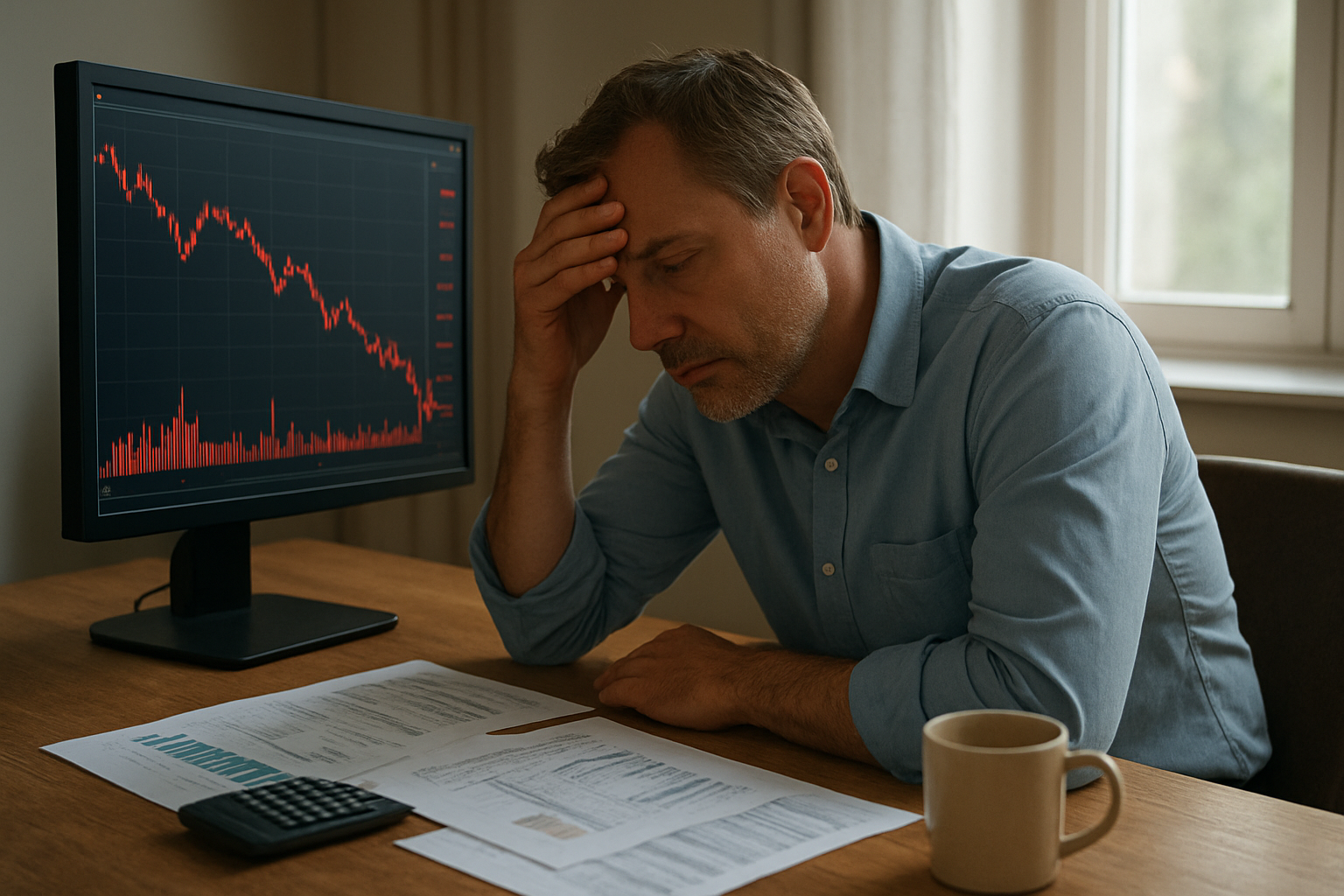 Create a realistic image of a middle-aged white male sitting at a wooden desk looking stressed and disappointed while staring at a computer screen displaying downward trending financial charts and graphs in red, with scattered financial documents and a calculator on the desk, a coffee mug nearby, natural daylight coming through a window creating a somber mood in a home office setting, absolutely NO text should be in the scene.