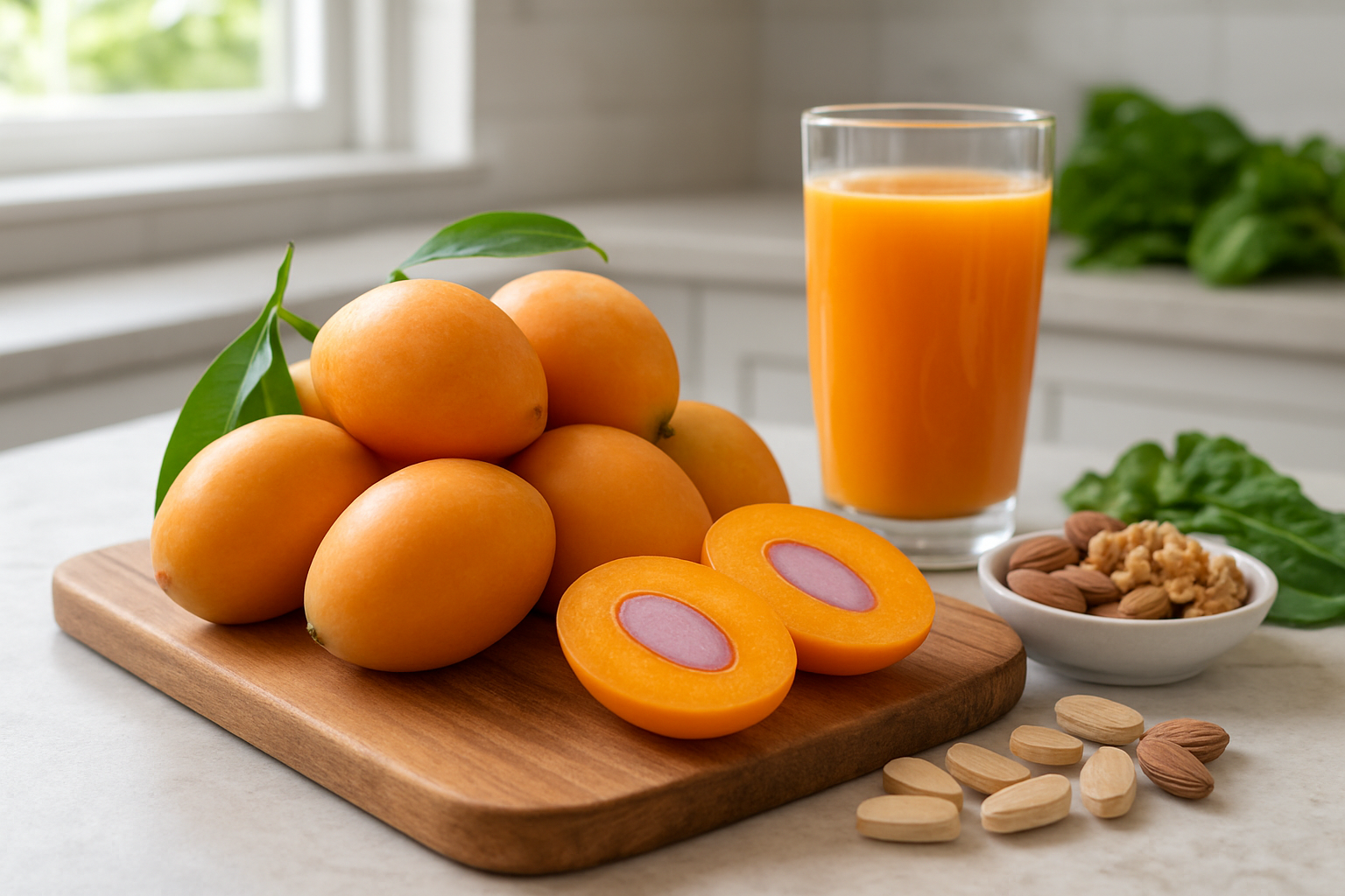 Create a realistic image of fresh Marian plums arranged on a wooden cutting board with some sliced to show the interior, surrounded by nutritional elements like a glass of fresh juice, vitamin tablets, and health-conscious ingredients such as nuts and leafy greens, set in a bright modern kitchen with natural lighting streaming through a window, creating a clean and healthy atmosphere that emphasizes wellness and nutrition, absolutely NO text should be in the scene.