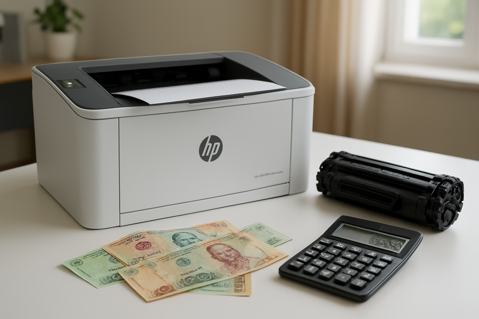 Create a realistic image of an HP LaserJet Pro M108w printer sitting on a clean white desk with a black toner cartridge placed beside it, scattered Vietnamese dong banknotes in the foreground, a calculator showing cost calculations, and a subtle office environment background with soft natural lighting from a window, creating a professional and informative atmosphere that conveys cost-effectiveness and printer maintenance, absolutely NO text should be in the scene.