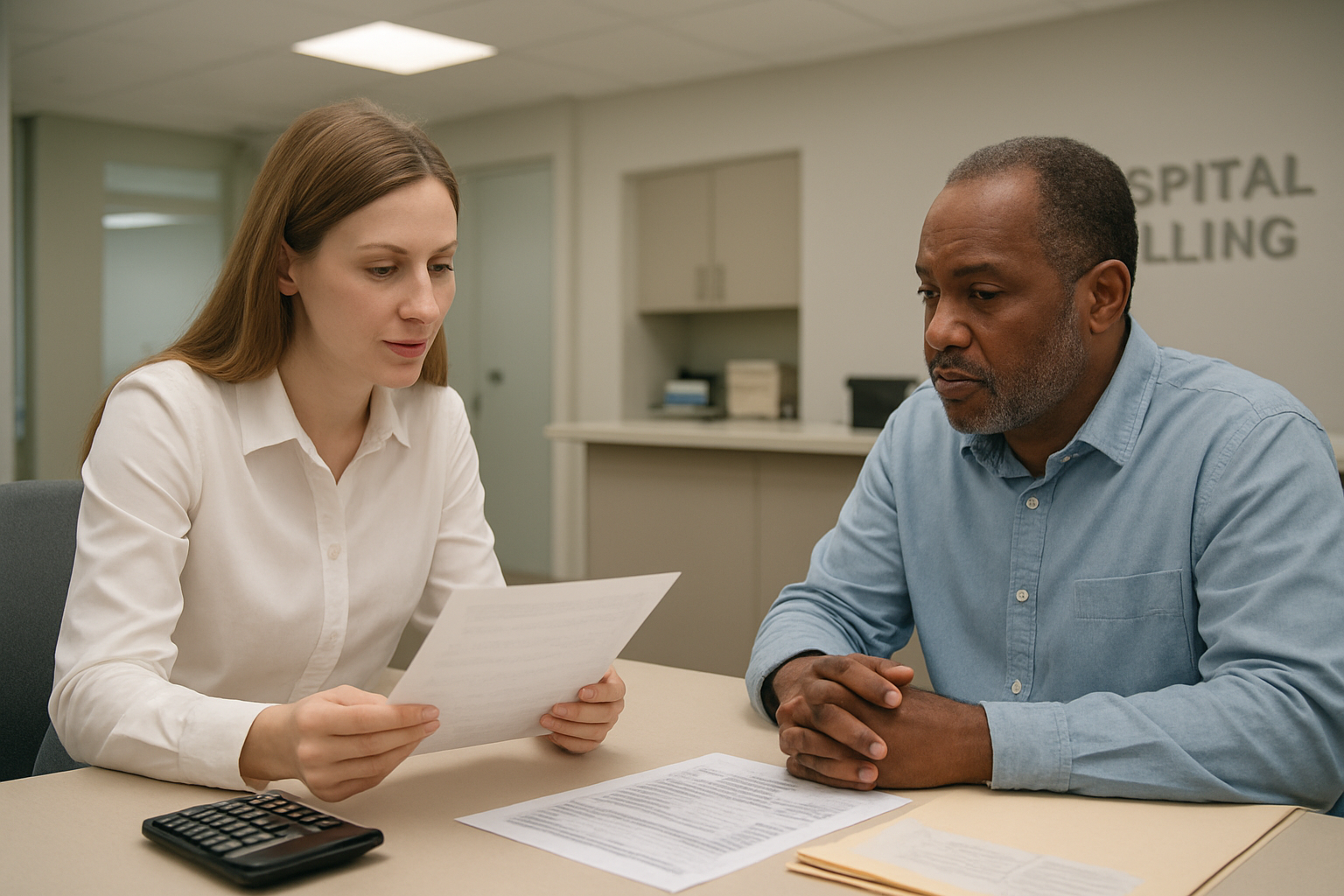 Create a realistic image of a modern hospital billing office scene with a white female financial counselor sitting at a clean desk reviewing medical cost documents and insurance paperwork with a middle-aged black male patient, calculator and cost breakdown sheets visible on the desk, professional healthcare setting with soft fluorescent lighting, neutral colors, and a calm consultation atmosphere. Absolutely NO text should be in the scene.